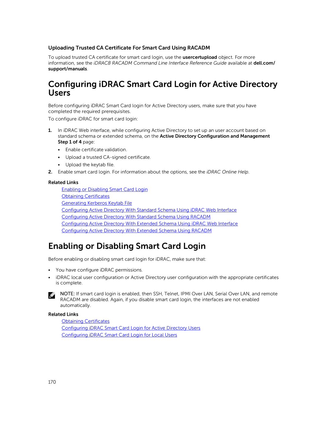 Dell iDRAC8 manual Enabling or Disabling Smart Card Login, Uploading Trusted CA Certificate For Smart Card Using Racadm 