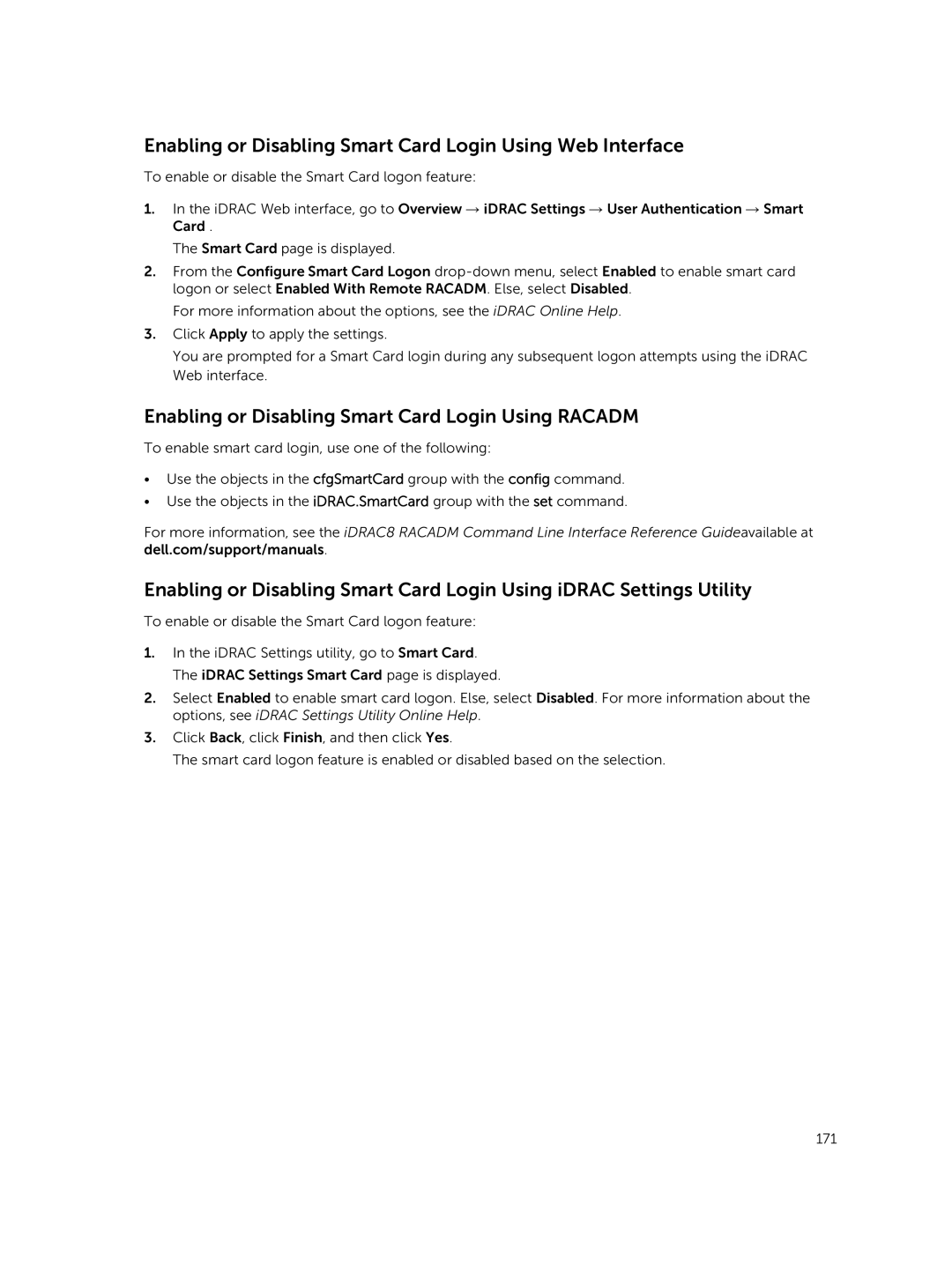 Dell iDRAC8 manual Enabling or Disabling Smart Card Login Using Web Interface 