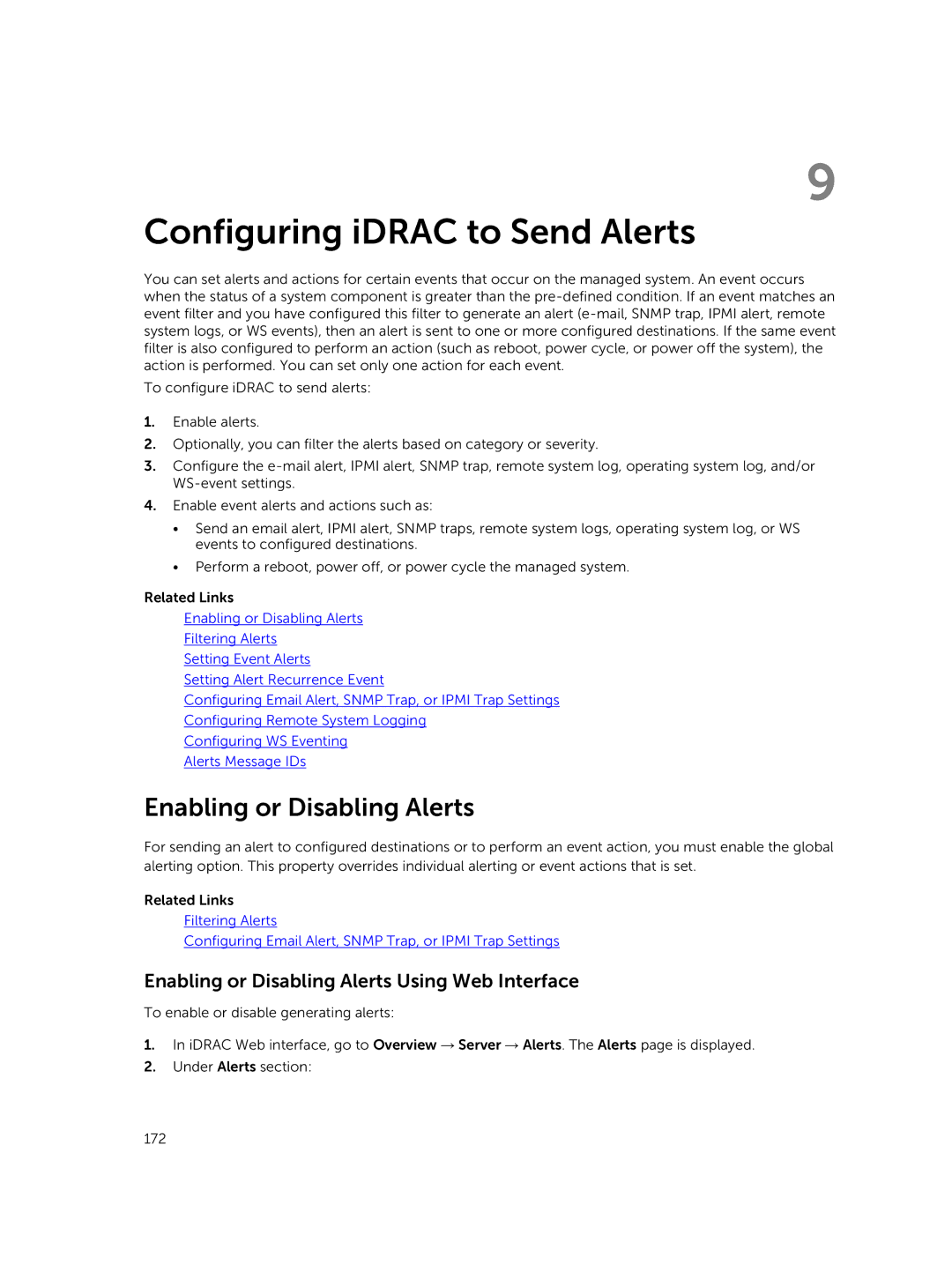 Dell iDRAC8 manual Configuring iDRAC to Send Alerts, Enabling or Disabling Alerts 