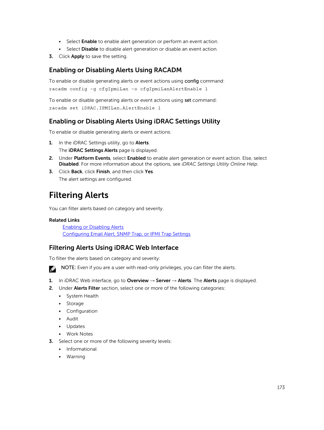 Dell iDRAC8 manual Enabling or Disabling Alerts Using Racadm, Filtering Alerts Using iDRAC Web Interface 