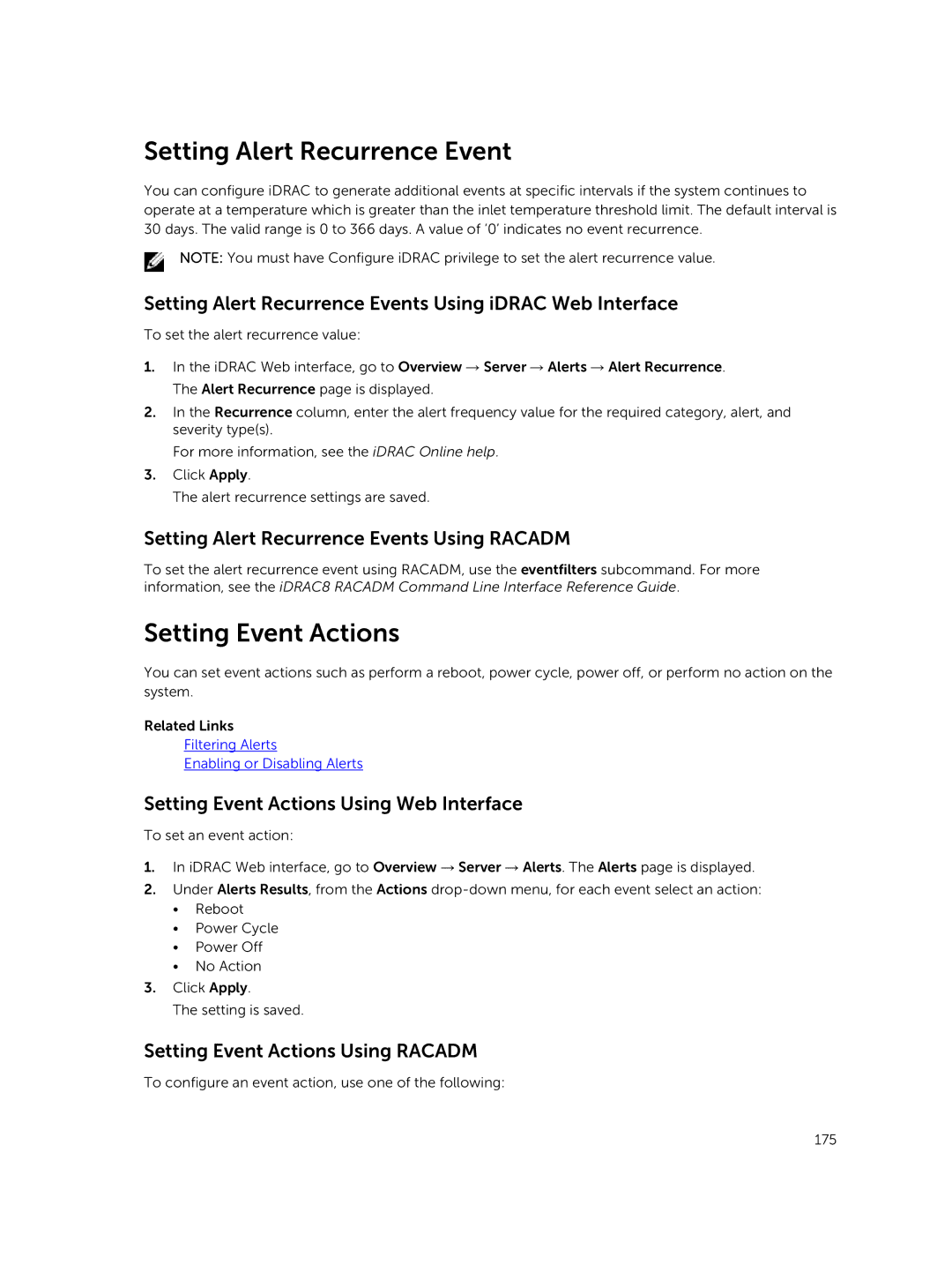 Dell iDRAC8 manual Setting Alert Recurrence Event, Setting Event Actions 