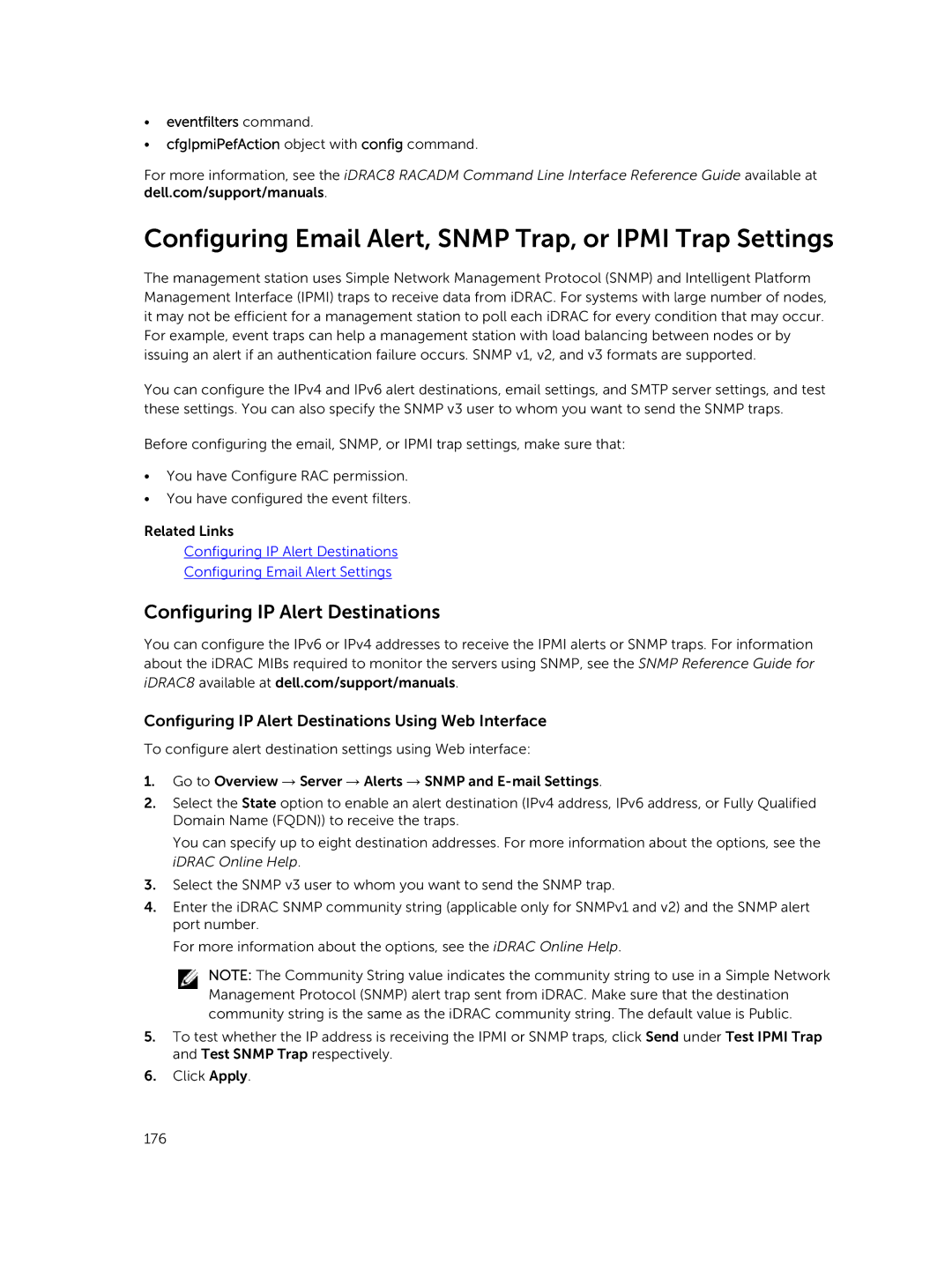 Dell iDRAC8 manual Configuring Email Alert, Snmp Trap, or Ipmi Trap Settings, Configuring IP Alert Destinations 