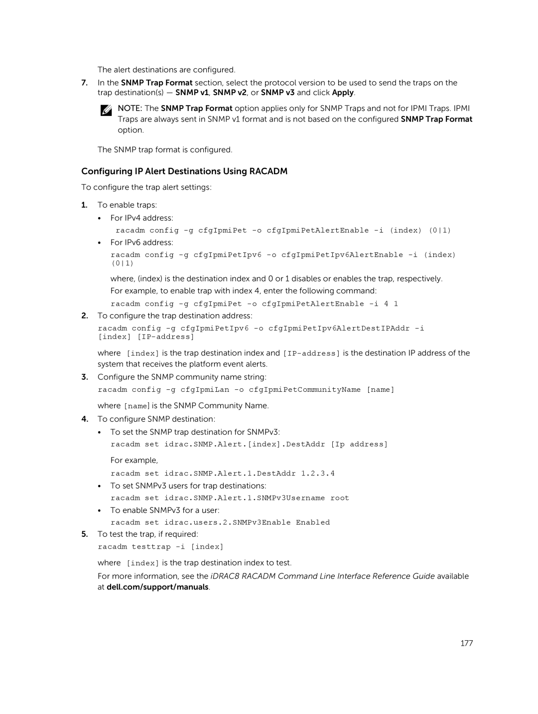 Dell iDRAC8 manual Configuring IP Alert Destinations Using Racadm 