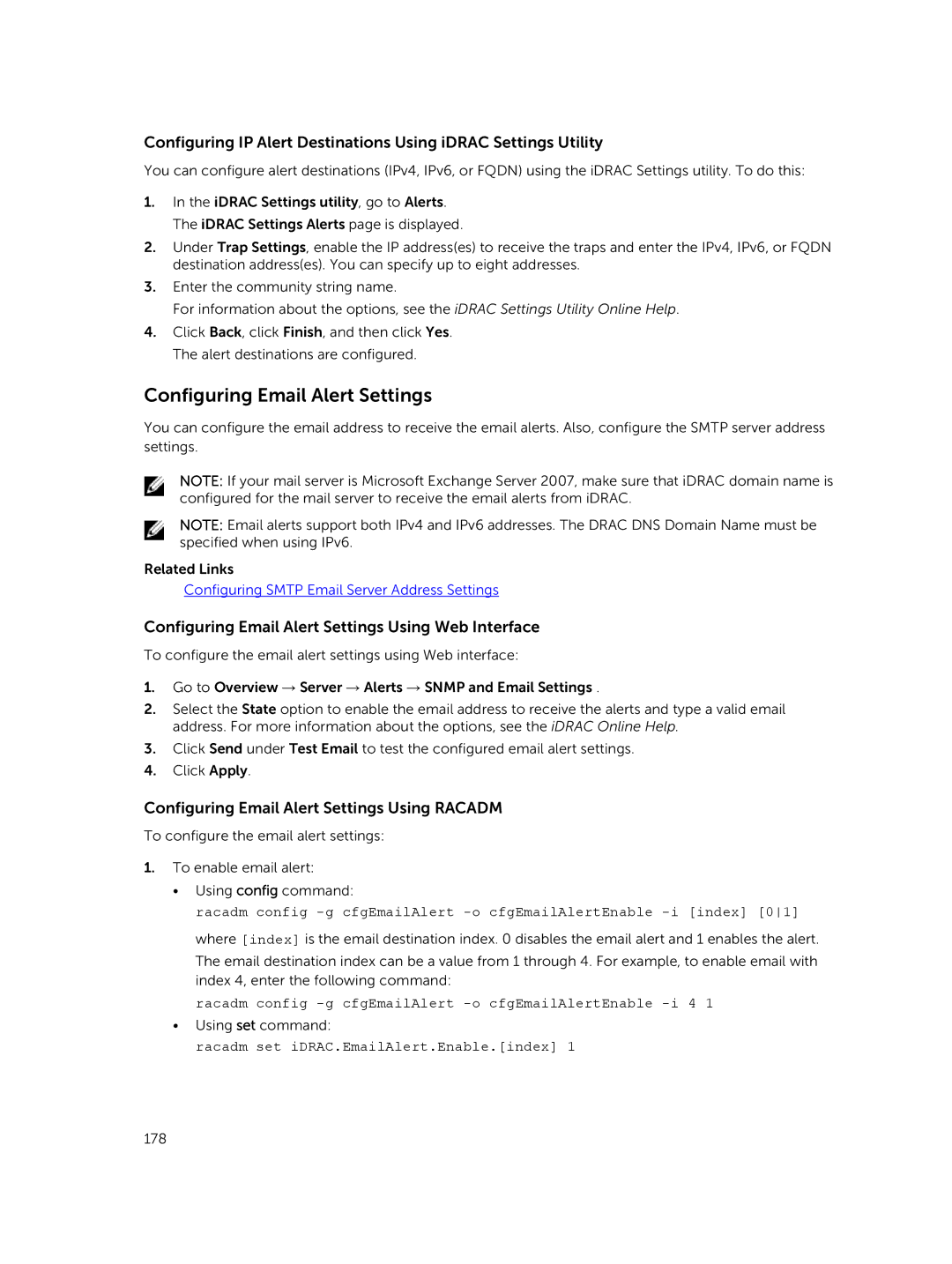 Dell iDRAC8 manual Configuring Email Alert Settings Using Web Interface, Configuring Email Alert Settings Using Racadm 