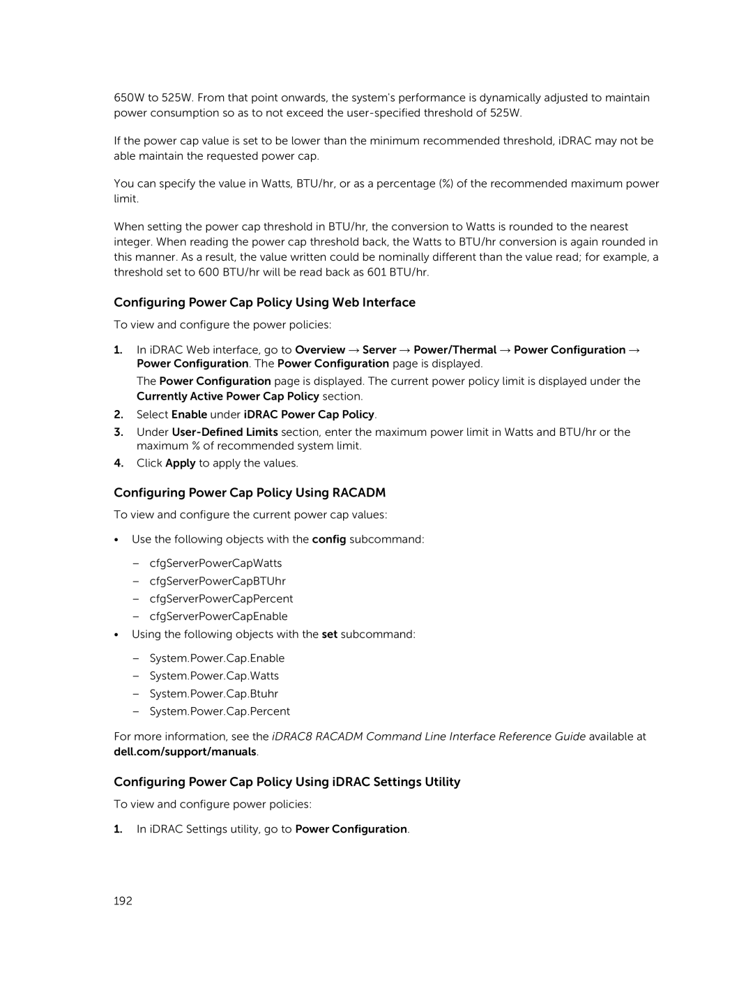 Dell iDRAC8 manual Configuring Power Cap Policy Using Web Interface, Configuring Power Cap Policy Using Racadm 
