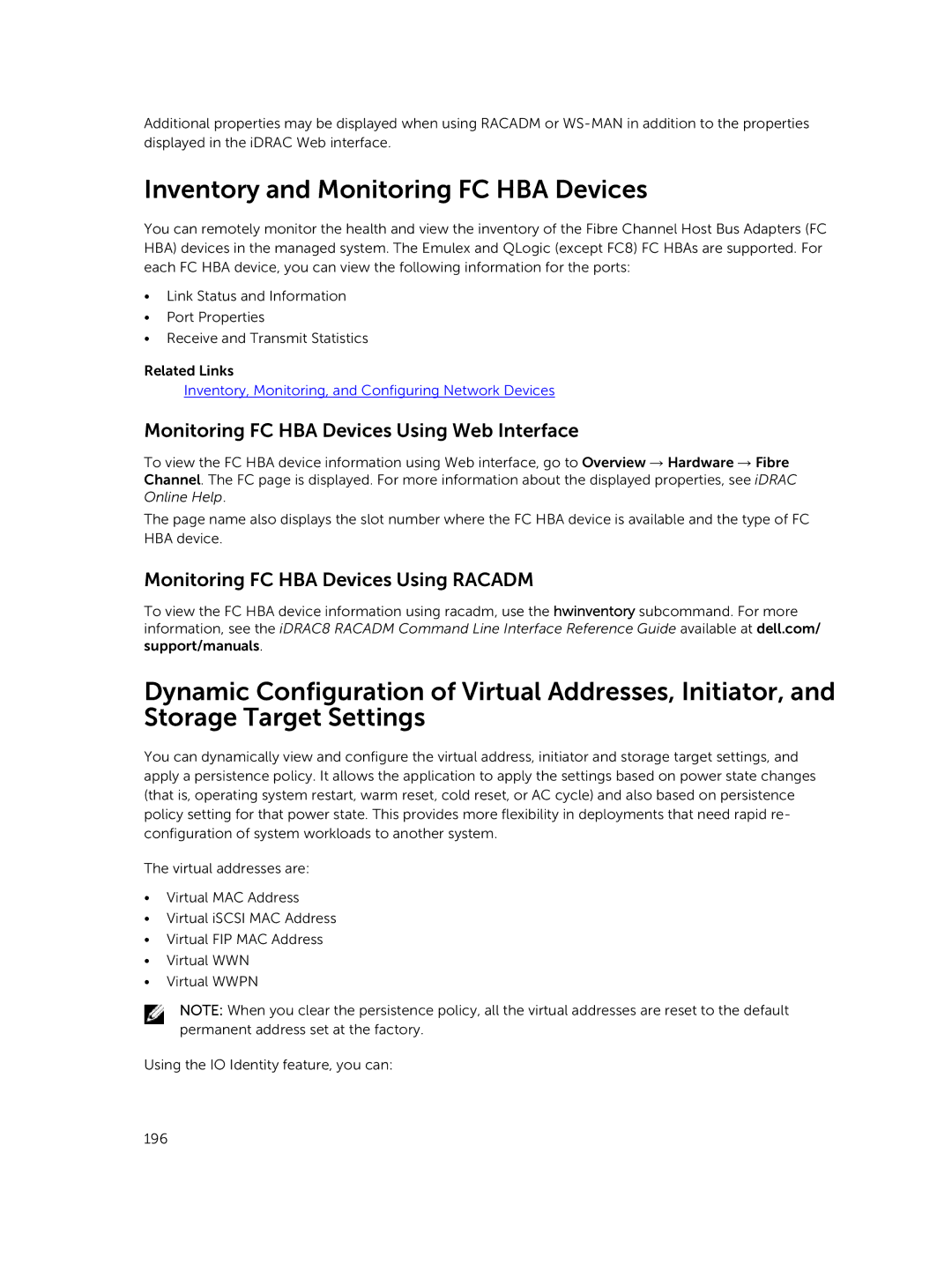 Dell iDRAC8 manual Inventory and Monitoring FC HBA Devices, Monitoring FC HBA Devices Using Web Interface 