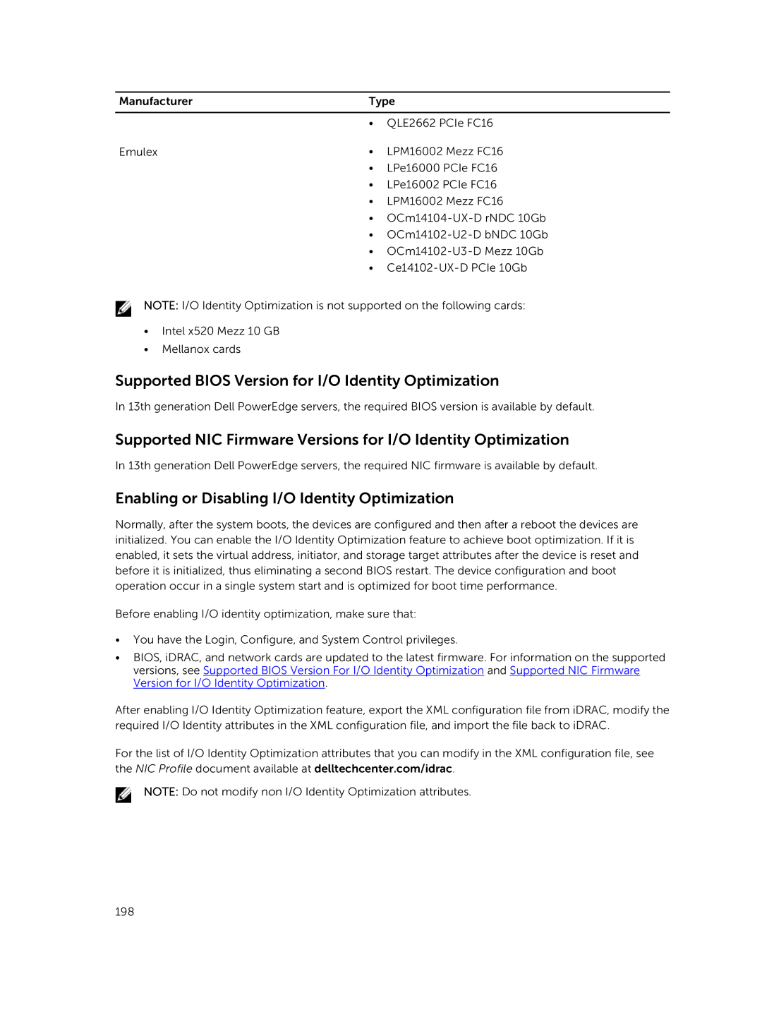 Dell iDRAC8 manual Supported Bios Version for I/O Identity Optimization, Enabling or Disabling I/O Identity Optimization 