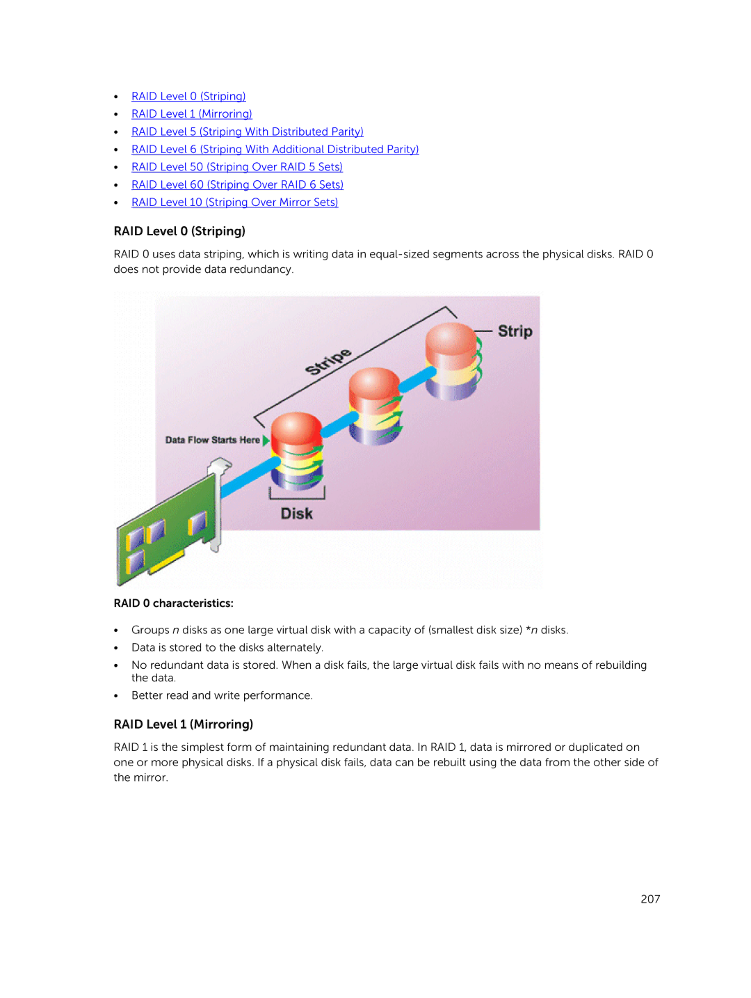 Dell iDRAC8 manual RAID Level 0 Striping, RAID Level 1 Mirroring 