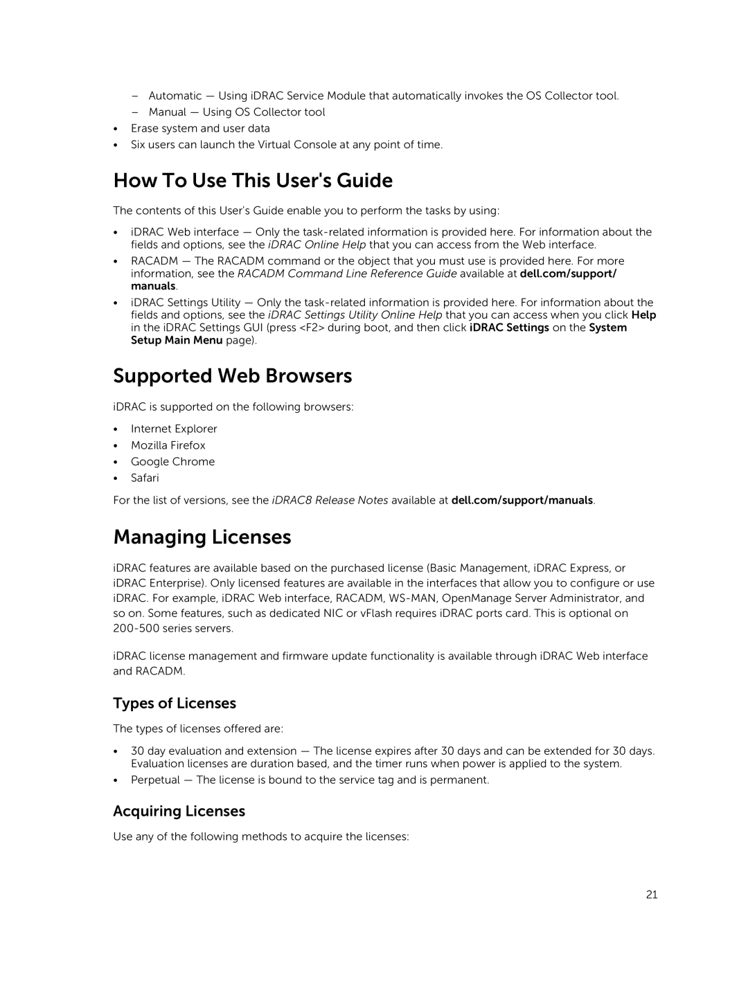 Dell iDRAC8 How To Use This Users Guide, Supported Web Browsers, Managing Licenses, Types of Licenses, Acquiring Licenses 