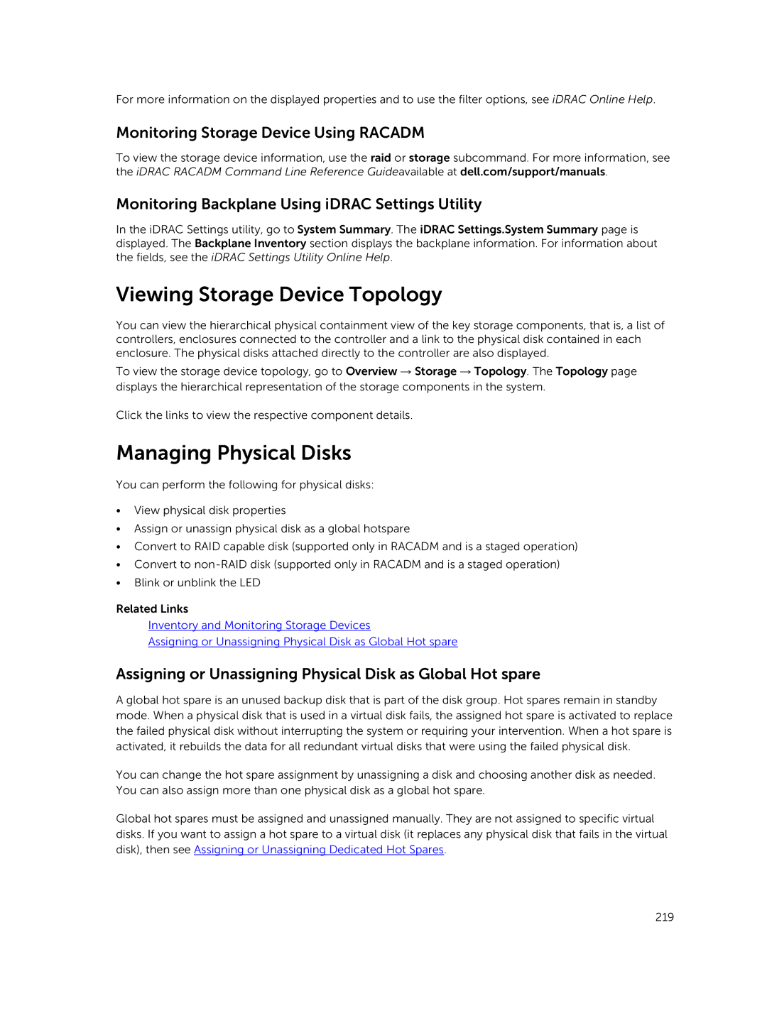 Dell iDRAC8 manual Viewing Storage Device Topology, Managing Physical Disks 