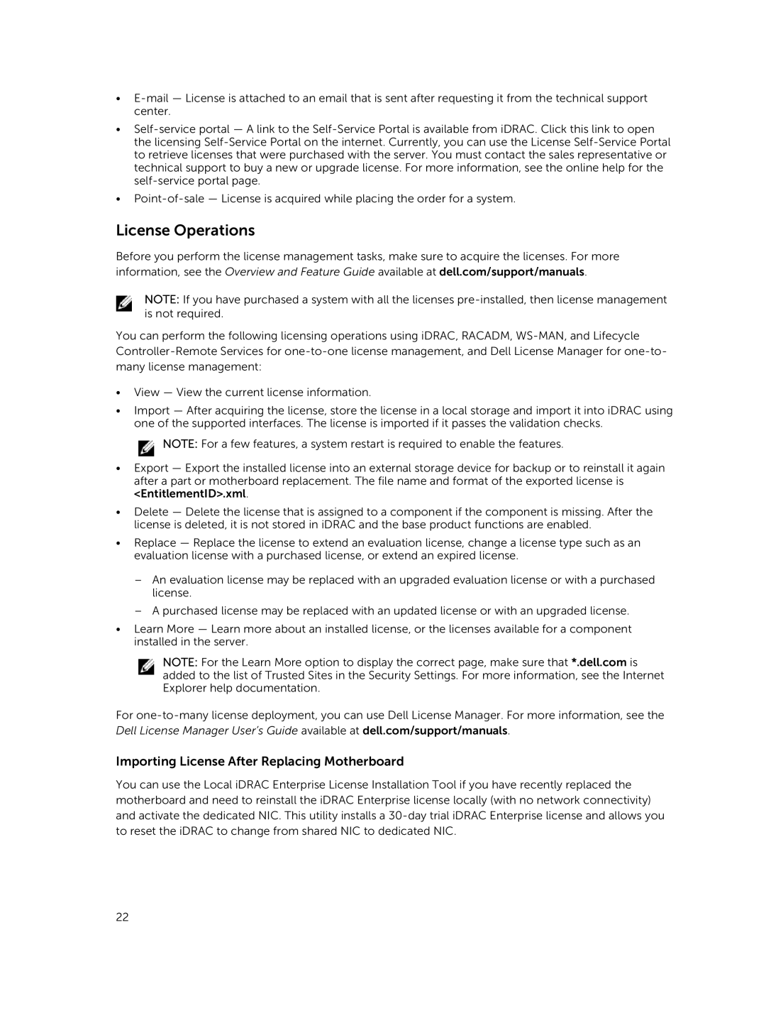 Dell iDRAC8 manual License Operations, Importing License After Replacing Motherboard 