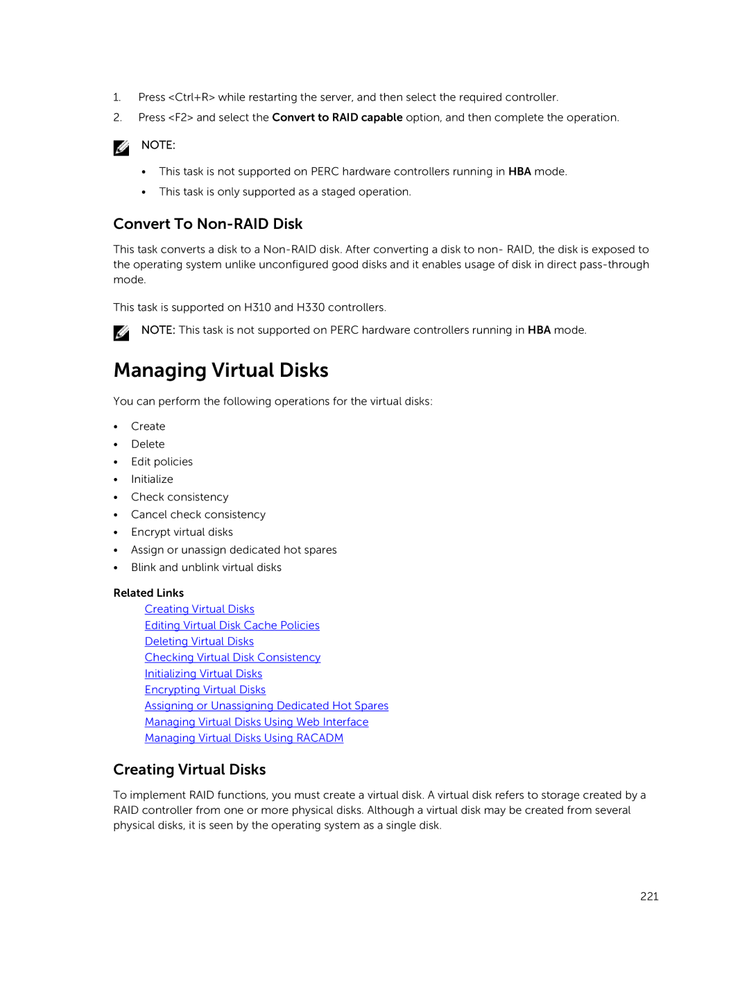 Dell iDRAC8 manual Managing Virtual Disks, Convert To Non-RAID Disk, Creating Virtual Disks 