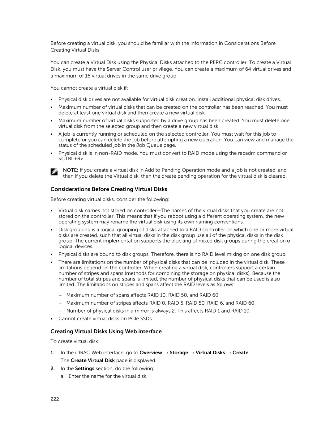 Dell iDRAC8 manual Considerations Before Creating Virtual Disks, Creating Virtual Disks Using Web interface 