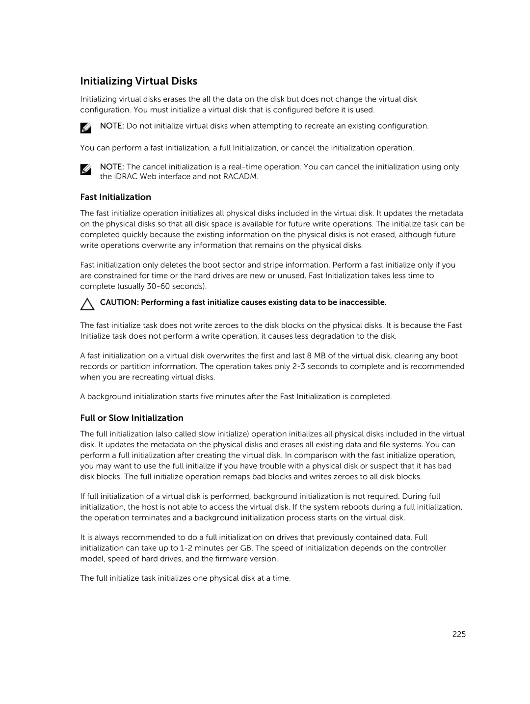 Dell iDRAC8 manual Initializing Virtual Disks, Fast Initialization, Full or Slow Initialization 