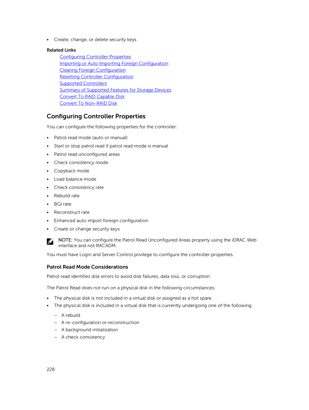 Dell iDRAC8 manual Configuring Controller Properties, Patrol Read Mode Considerations 