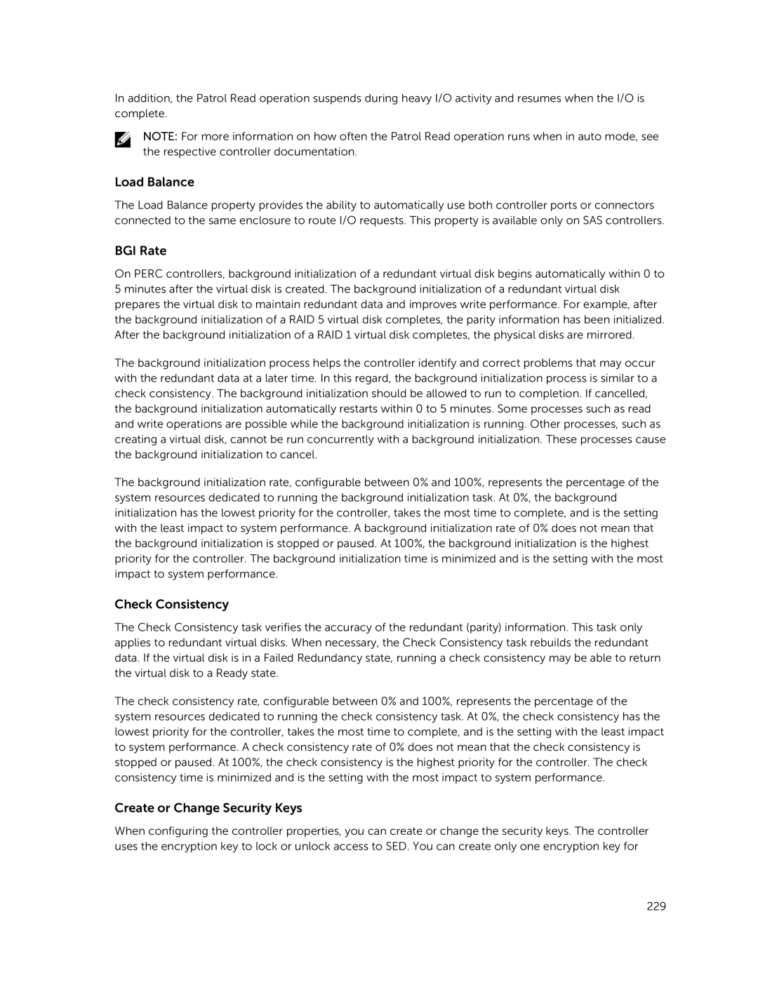 Dell iDRAC8 manual Load Balance, BGI Rate, Check Consistency, Create or Change Security Keys 