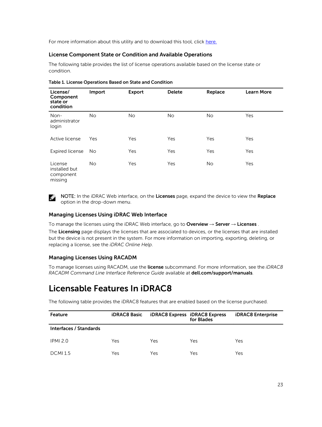 Dell manual Licensable Features In iDRAC8, Managing Licenses Using iDRAC Web Interface, Managing Licenses Using Racadm 