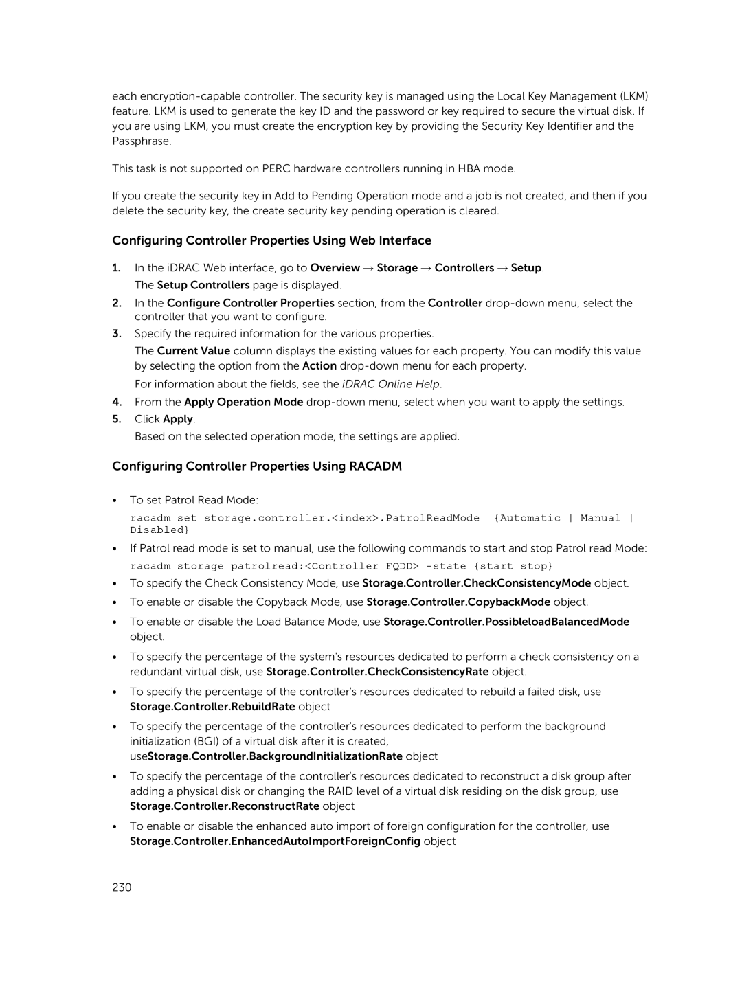 Dell iDRAC8 manual Configuring Controller Properties Using Web Interface, Configuring Controller Properties Using Racadm 