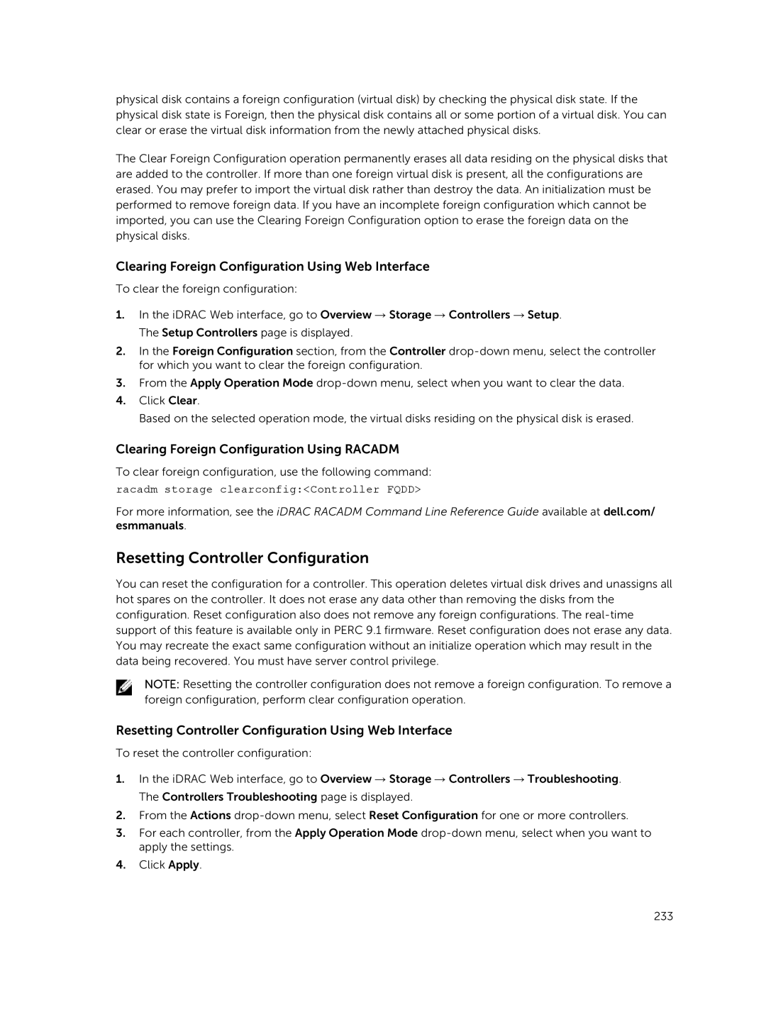 Dell iDRAC8 manual Resetting Controller Configuration, Clearing Foreign Configuration Using Web Interface 