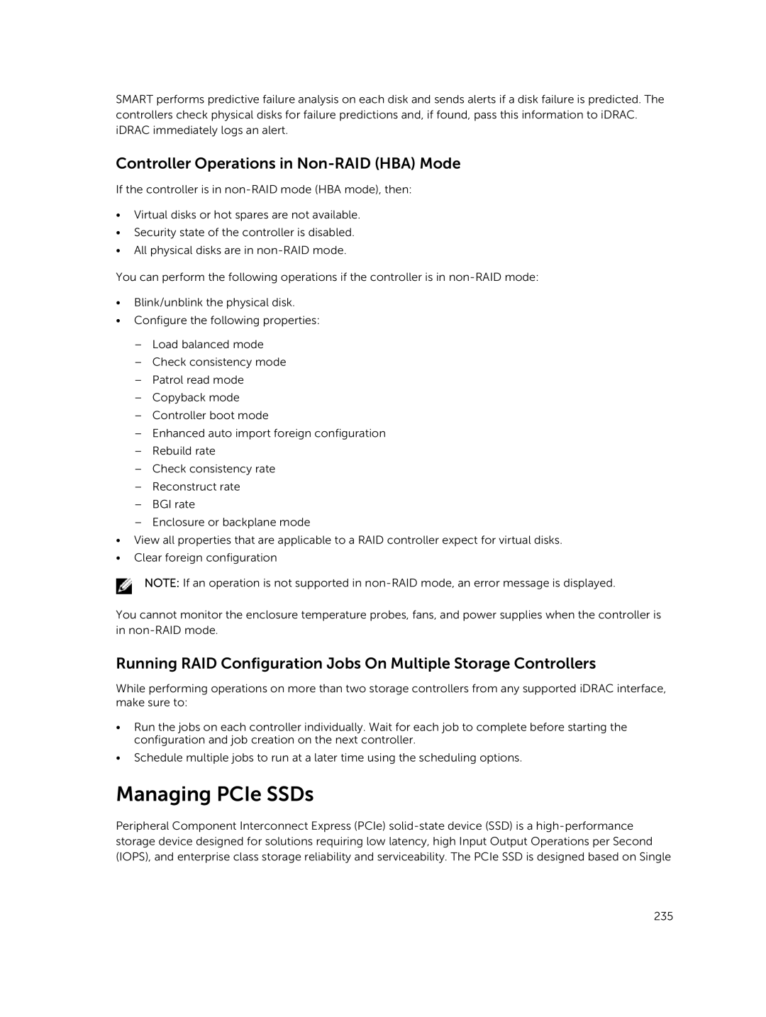 Dell iDRAC8 manual Managing PCIe SSDs, Controller Operations in Non-RAID HBA Mode 