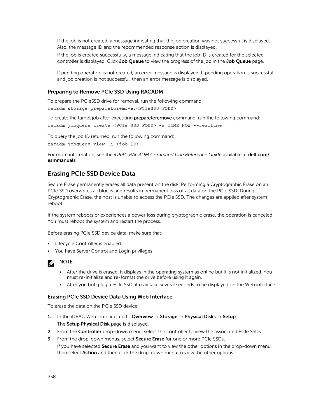 Dell iDRAC8 manual Erasing PCIe SSD Device Data, Preparing to Remove PCIe SSD Using Racadm 