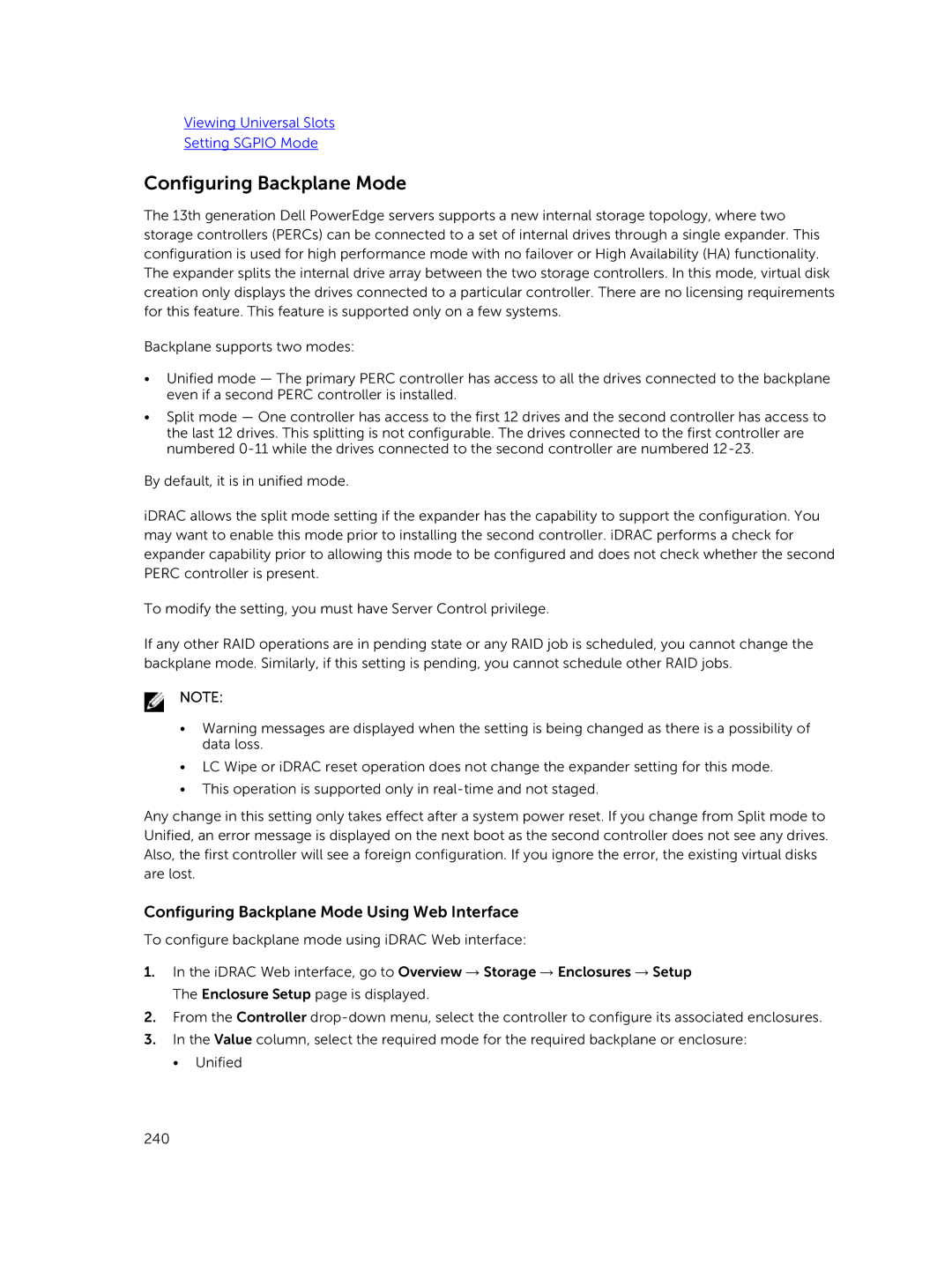 Dell iDRAC8 manual Configuring Backplane Mode Using Web Interface 