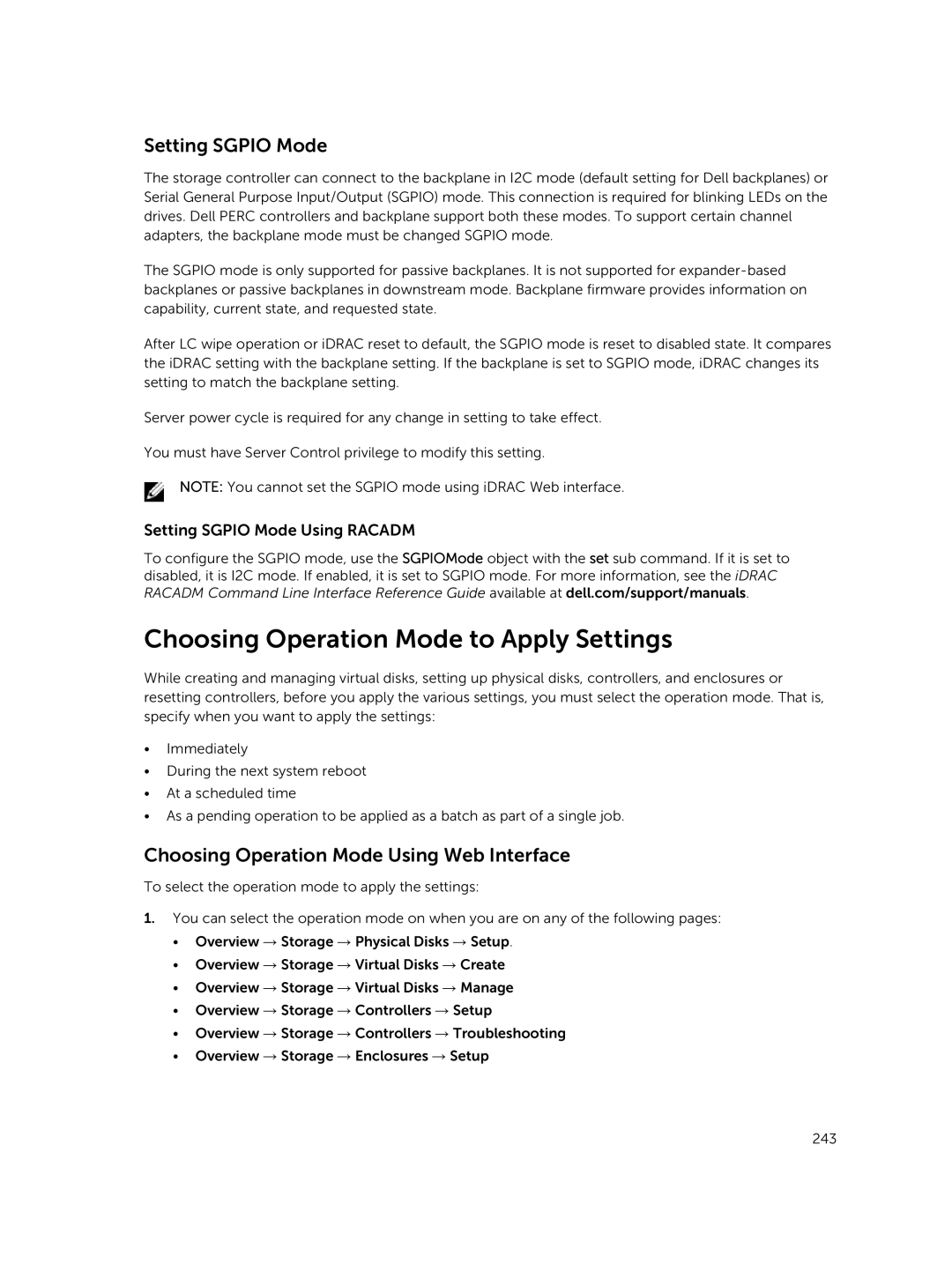 Dell iDRAC8 Choosing Operation Mode to Apply Settings, Setting Sgpio Mode, Choosing Operation Mode Using Web Interface 