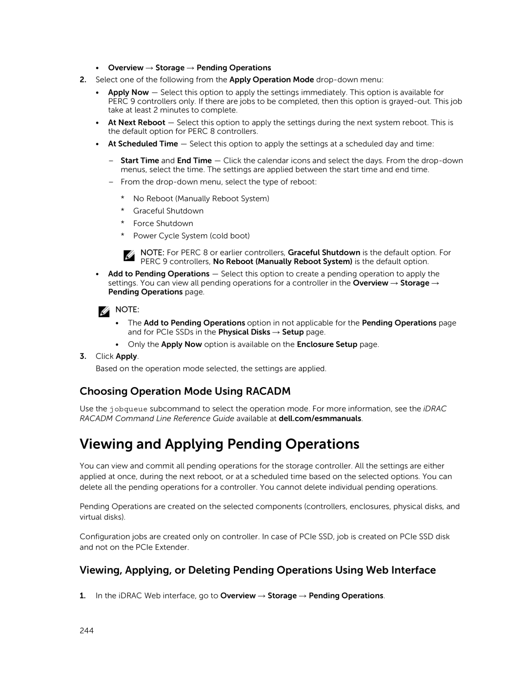 Dell iDRAC8 manual Viewing and Applying Pending Operations, Choosing Operation Mode Using Racadm 