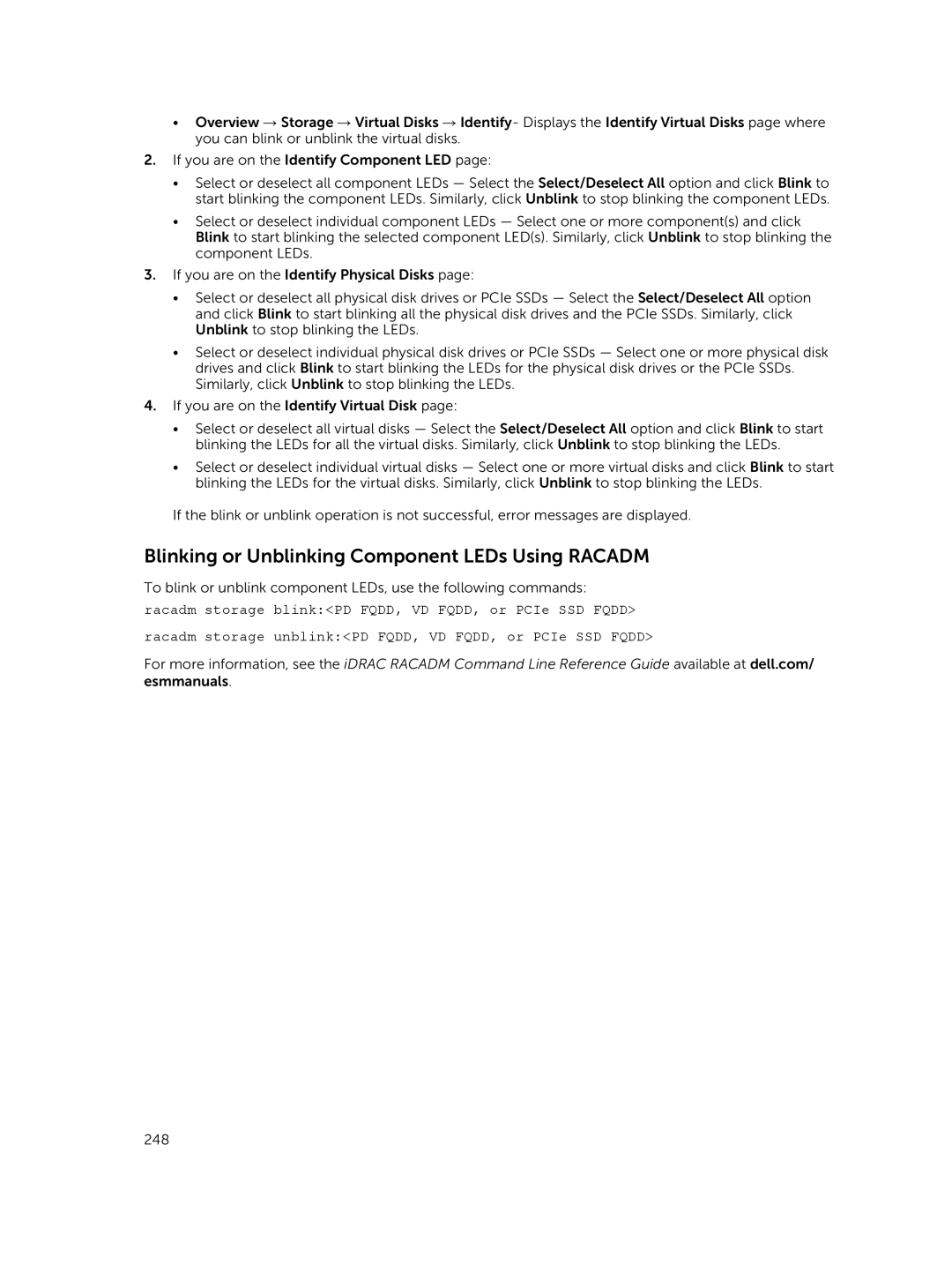 Dell iDRAC8 manual Blinking or Unblinking Component LEDs Using Racadm 