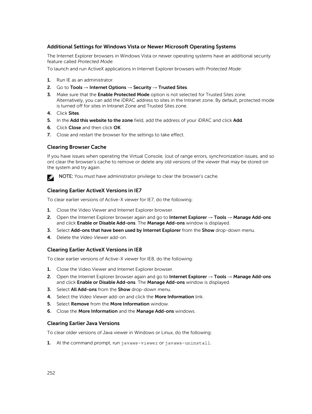 Dell iDRAC8 Clearing Browser Cache, Clearing Earlier ActiveX Versions in IE7, Clearing Earlier ActiveX Versions in IE8 