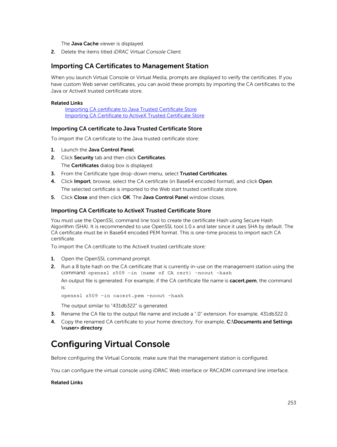 Dell iDRAC8 manual Configuring Virtual Console, Importing CA Certificates to Management Station 