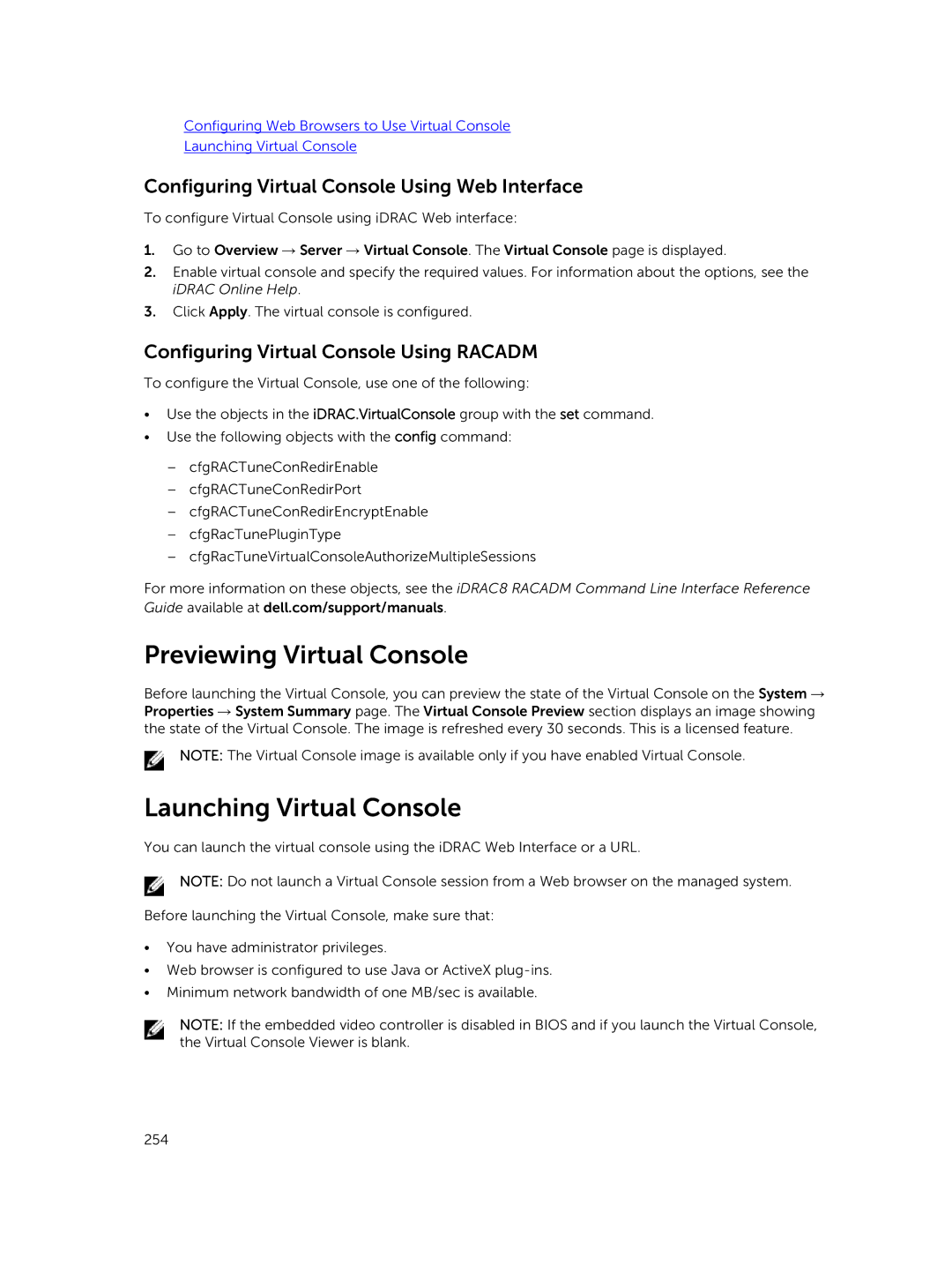 Dell iDRAC8 manual Previewing Virtual Console, Launching Virtual Console, Configuring Virtual Console Using Web Interface 