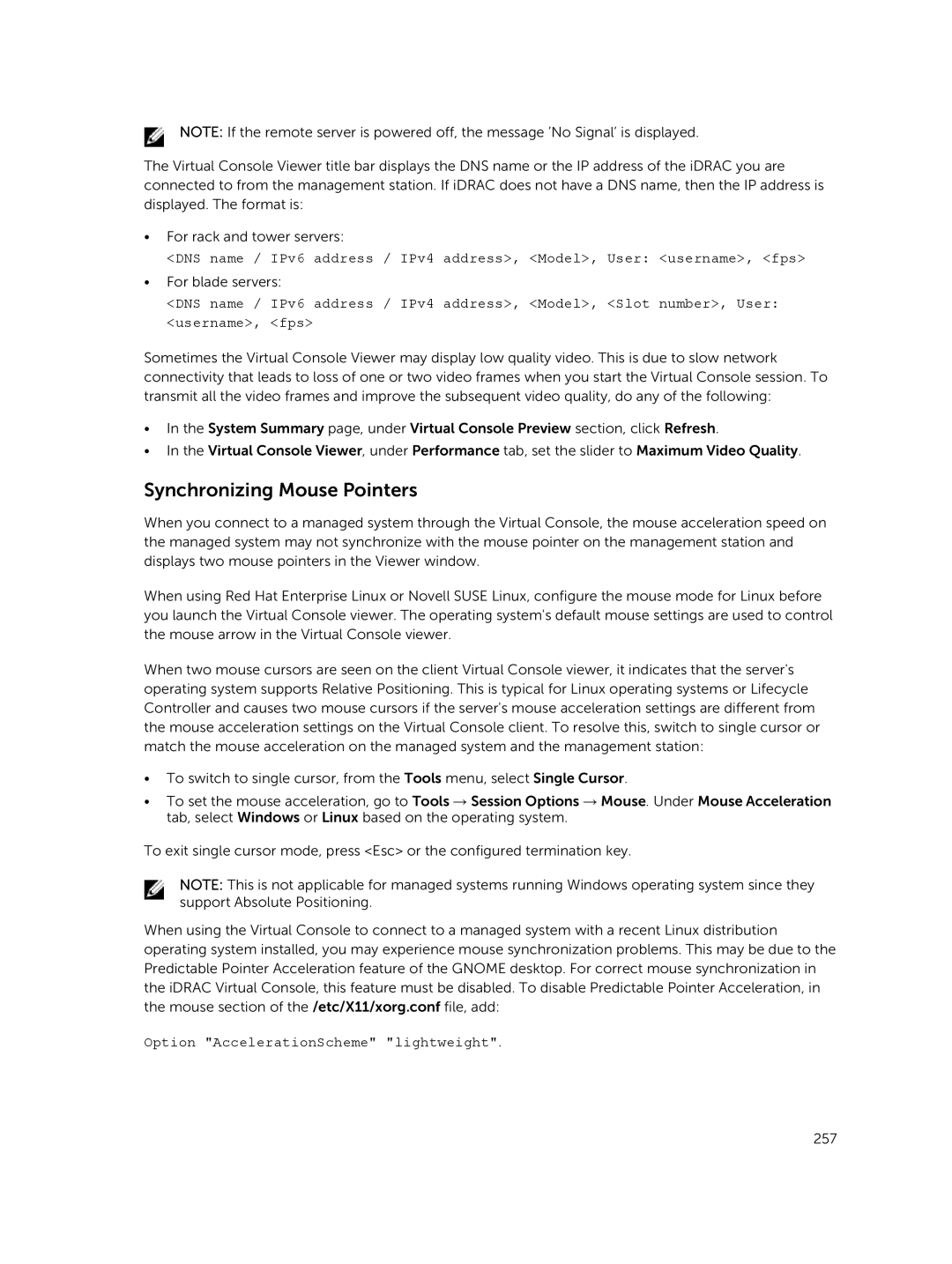 Dell iDRAC8 manual Synchronizing Mouse Pointers, Option AccelerationScheme lightweight 