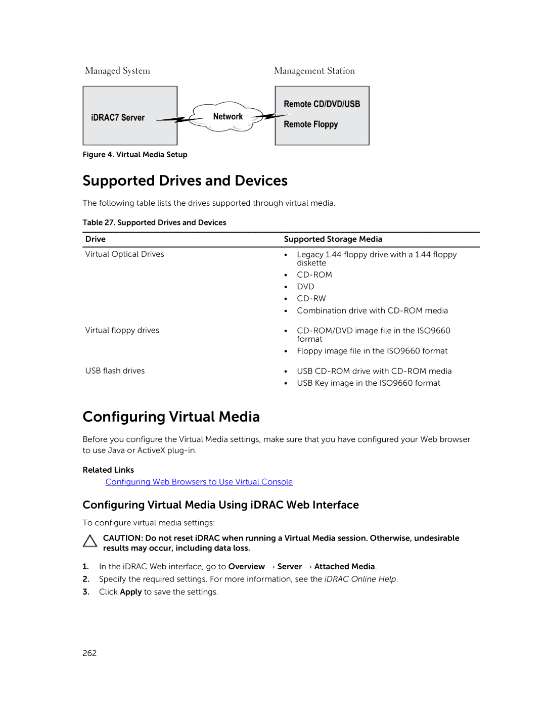 Dell iDRAC8 manual Supported Drives and Devices, Configuring Virtual Media Using iDRAC Web Interface 