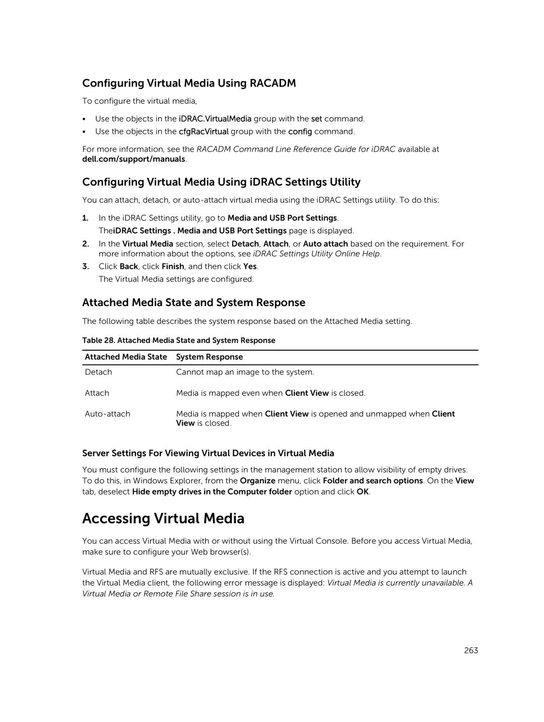 Dell iDRAC8 Accessing Virtual Media, Configuring Virtual Media Using Racadm, Attached Media State and System Response 