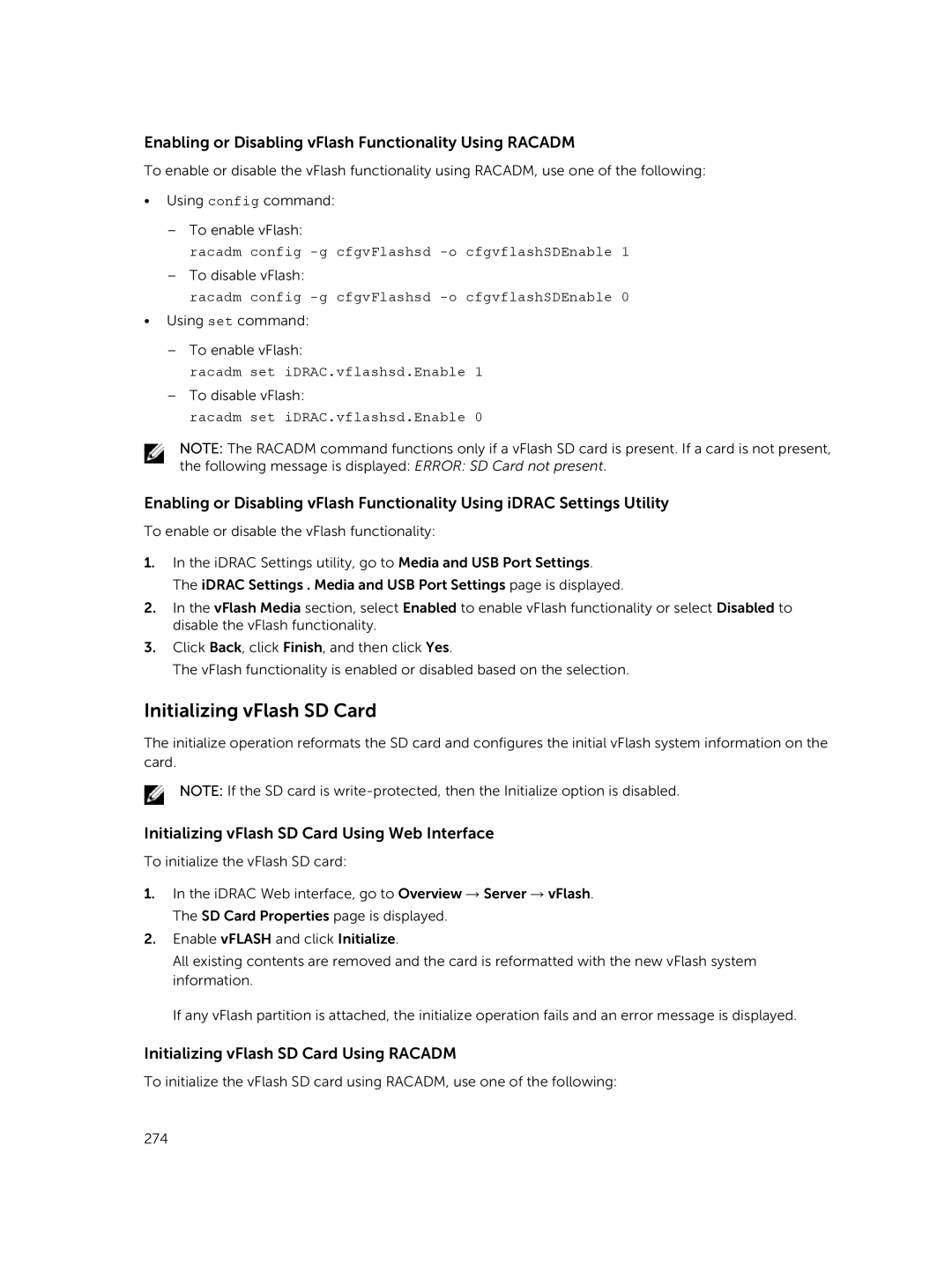 Dell iDRAC8 manual Initializing vFlash SD Card, Enabling or Disabling vFlash Functionality Using Racadm 