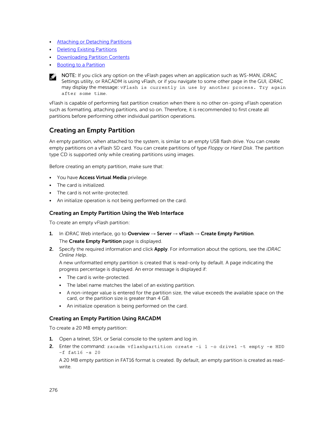 Dell iDRAC8 manual Creating an Empty Partition Using the Web Interface, Creating an Empty Partition Using Racadm 