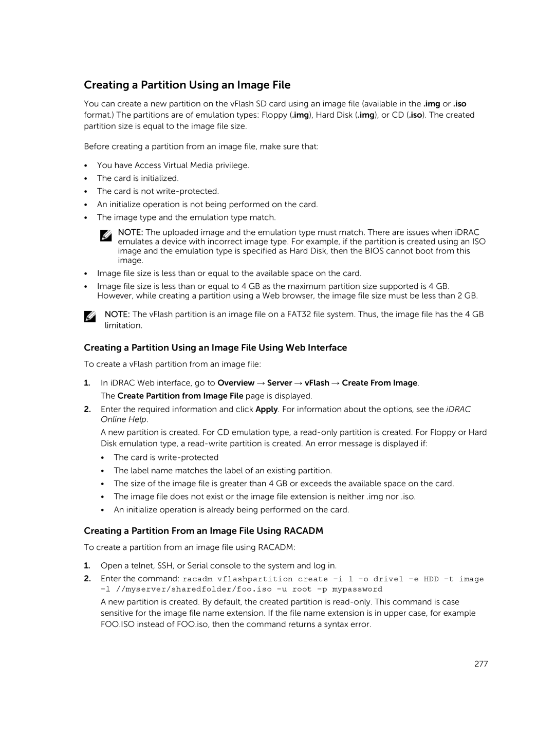 Dell iDRAC8 manual Creating a Partition Using an Image File, Creating a Partition From an Image File Using Racadm 