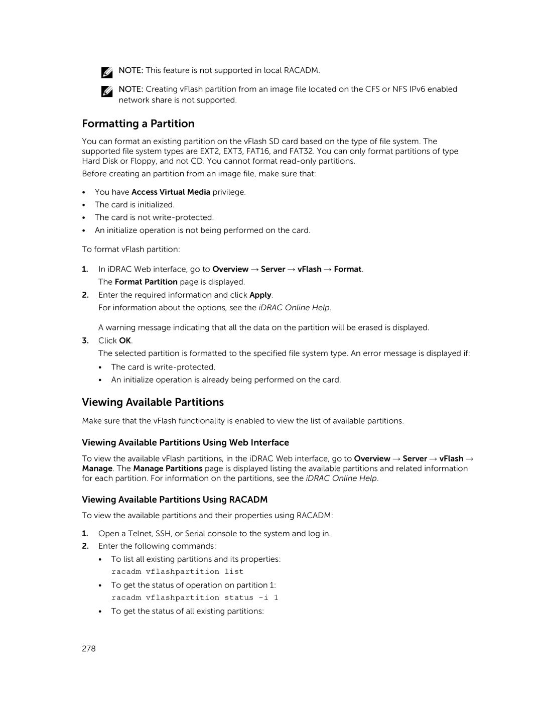 Dell iDRAC8 manual Formatting a Partition, Viewing Available Partitions Using Web Interface 