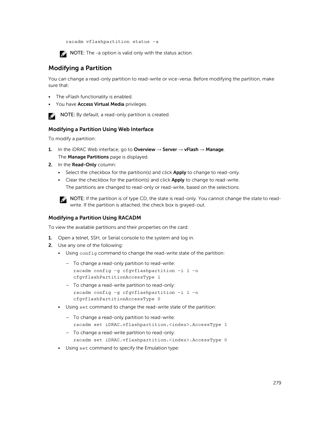 Dell iDRAC8 manual Modifying a Partition Using Web Interface, Modifying a Partition Using Racadm 