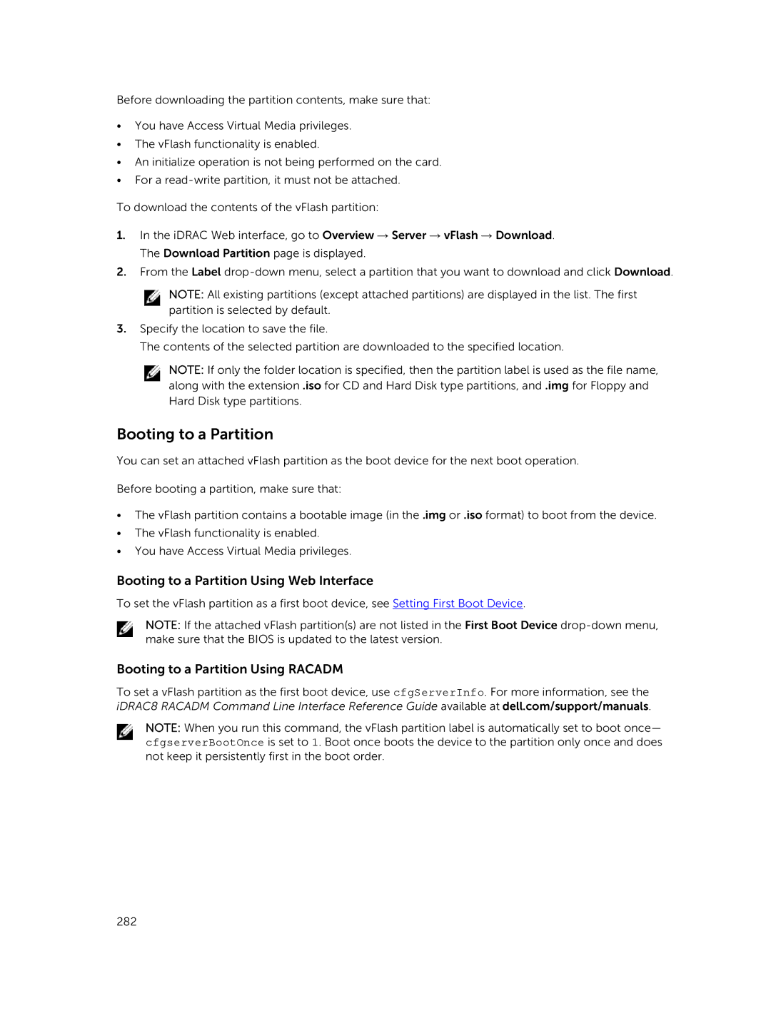 Dell iDRAC8 manual Booting to a Partition Using Web Interface, Booting to a Partition Using Racadm 