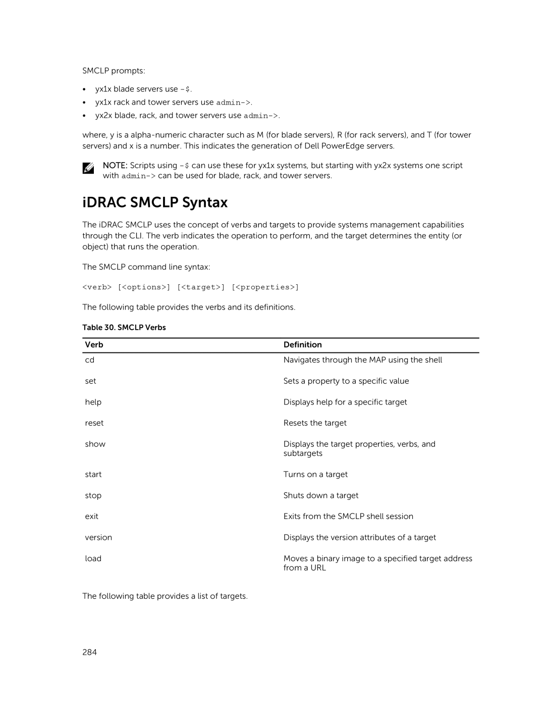 Dell iDRAC8 manual IDRAC Smclp Syntax, Verb options target properties 