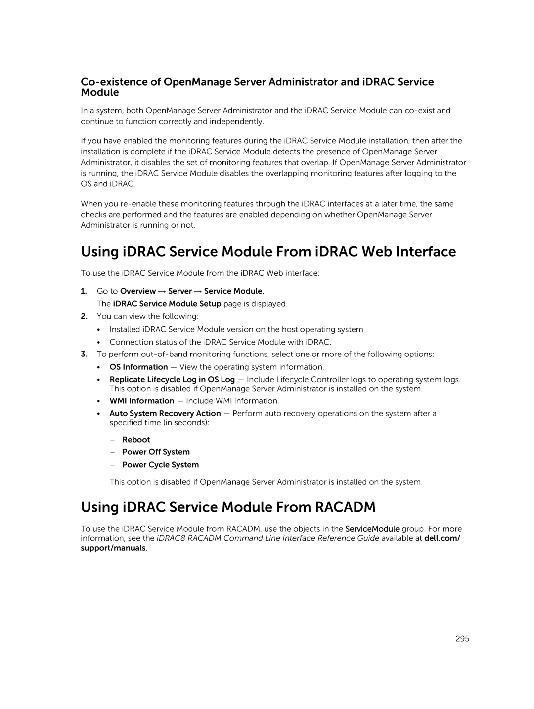 Dell iDRAC8 manual Using iDRAC Service Module From iDRAC Web Interface, Using iDRAC Service Module From Racadm 