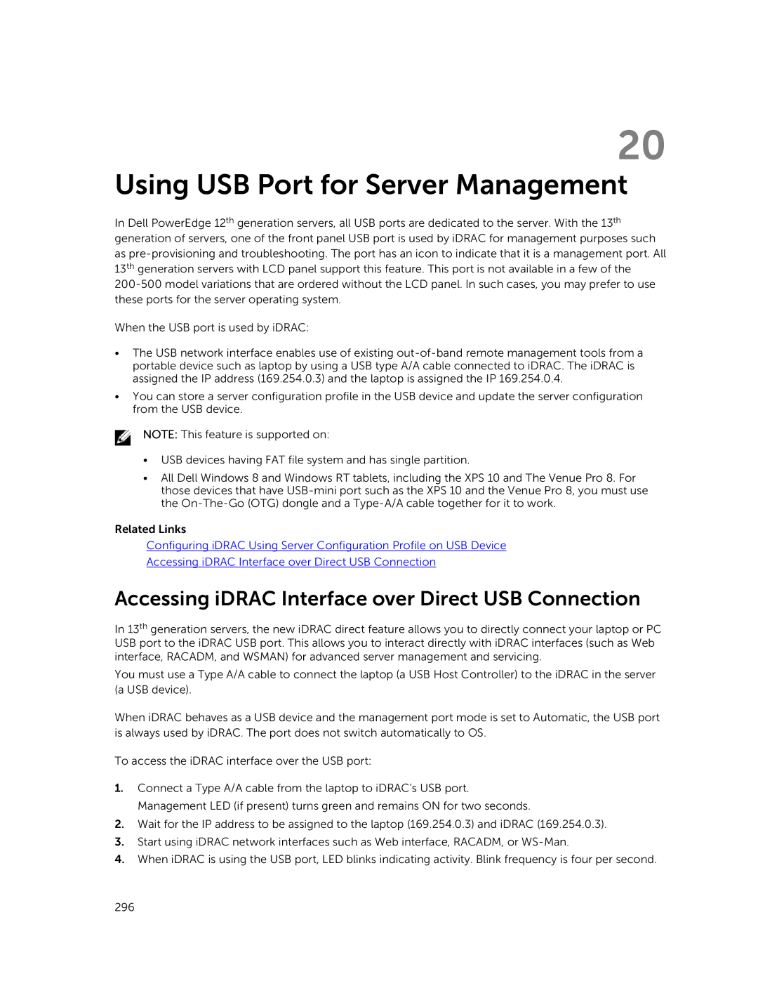 Dell iDRAC8 manual Using USB Port for Server Management, Accessing iDRAC Interface over Direct USB Connection 