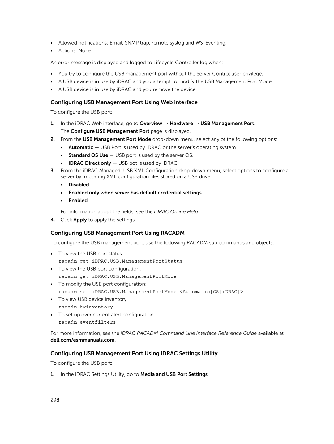 Dell iDRAC8 manual Configuring USB Management Port Using Web interface, Configuring USB Management Port Using Racadm 