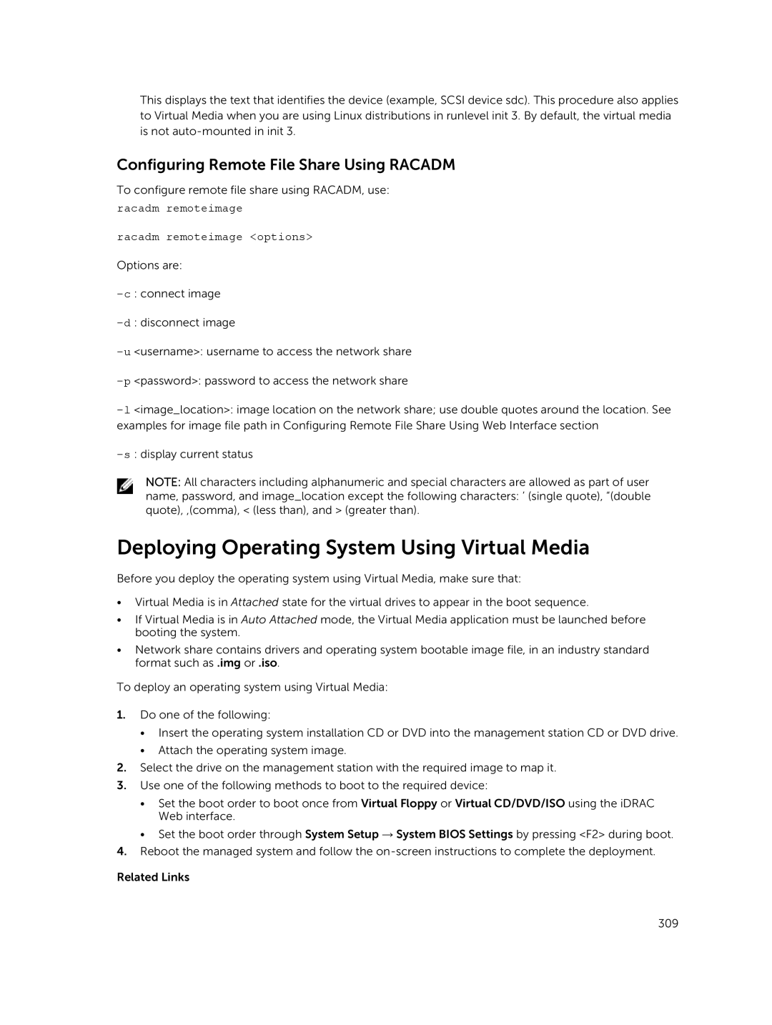 Dell iDRAC8 manual Deploying Operating System Using Virtual Media, Configuring Remote File Share Using Racadm 