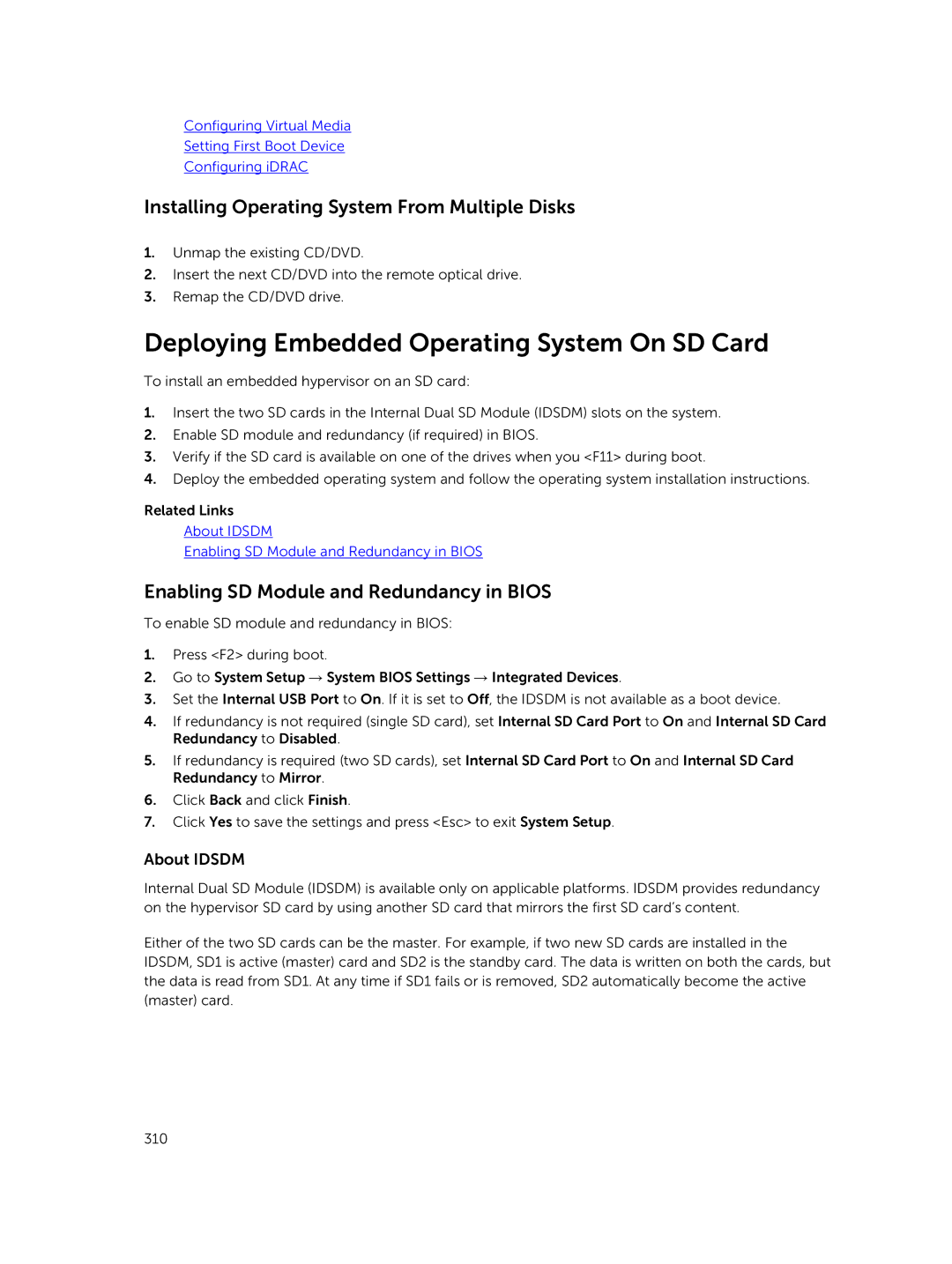 Dell iDRAC8 Deploying Embedded Operating System On SD Card, Installing Operating System From Multiple Disks, About Idsdm 