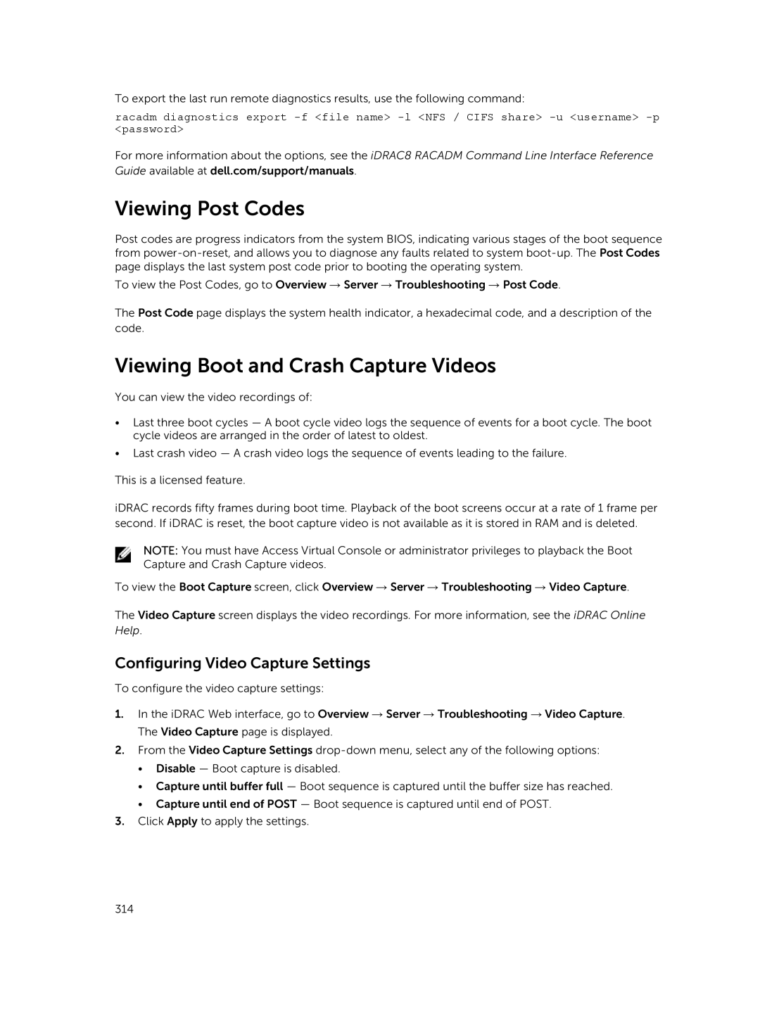 Dell iDRAC8 manual Viewing Post Codes, Viewing Boot and Crash Capture Videos, Configuring Video Capture Settings 