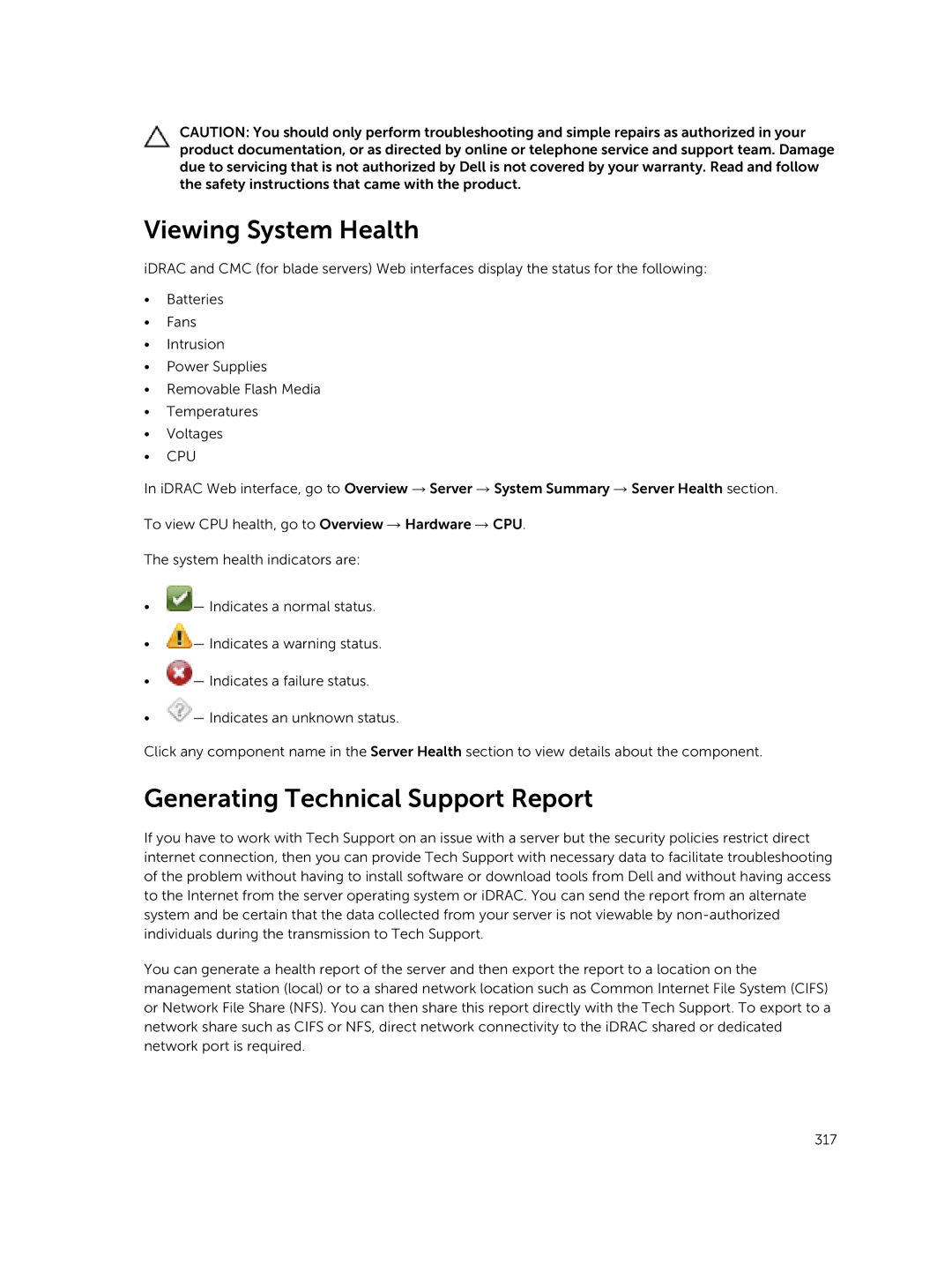 Dell iDRAC8 manual Viewing System Health, Generating Technical Support Report 