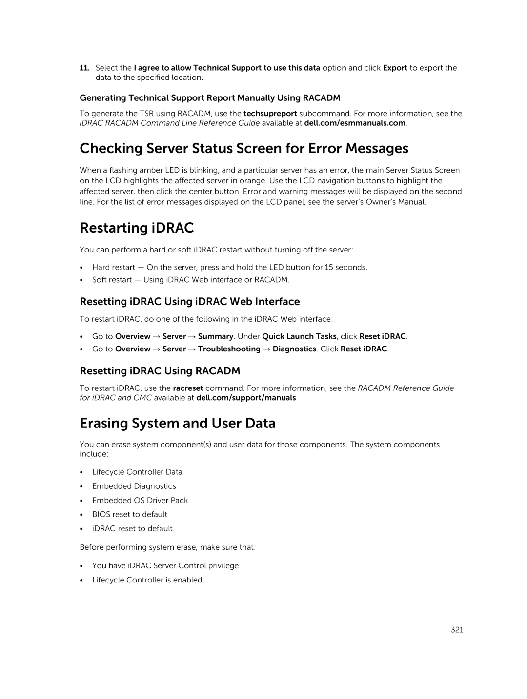 Dell iDRAC8 manual Erasing System and User Data, Resetting iDRAC Using iDRAC Web Interface, Resetting iDRAC Using Racadm 